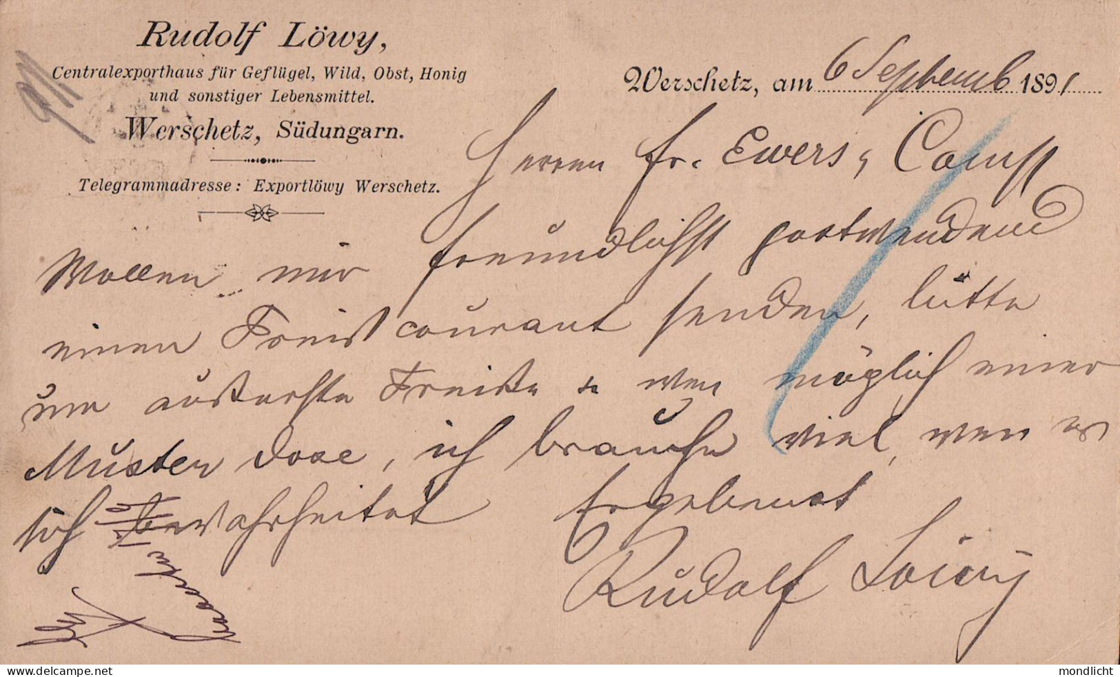 Ganzsache (Postkarte), 1891. Rudolf Löwy, Centralexporthaus, Werschetz, Südungarn. (Versec, Vršac). - Interi Postali