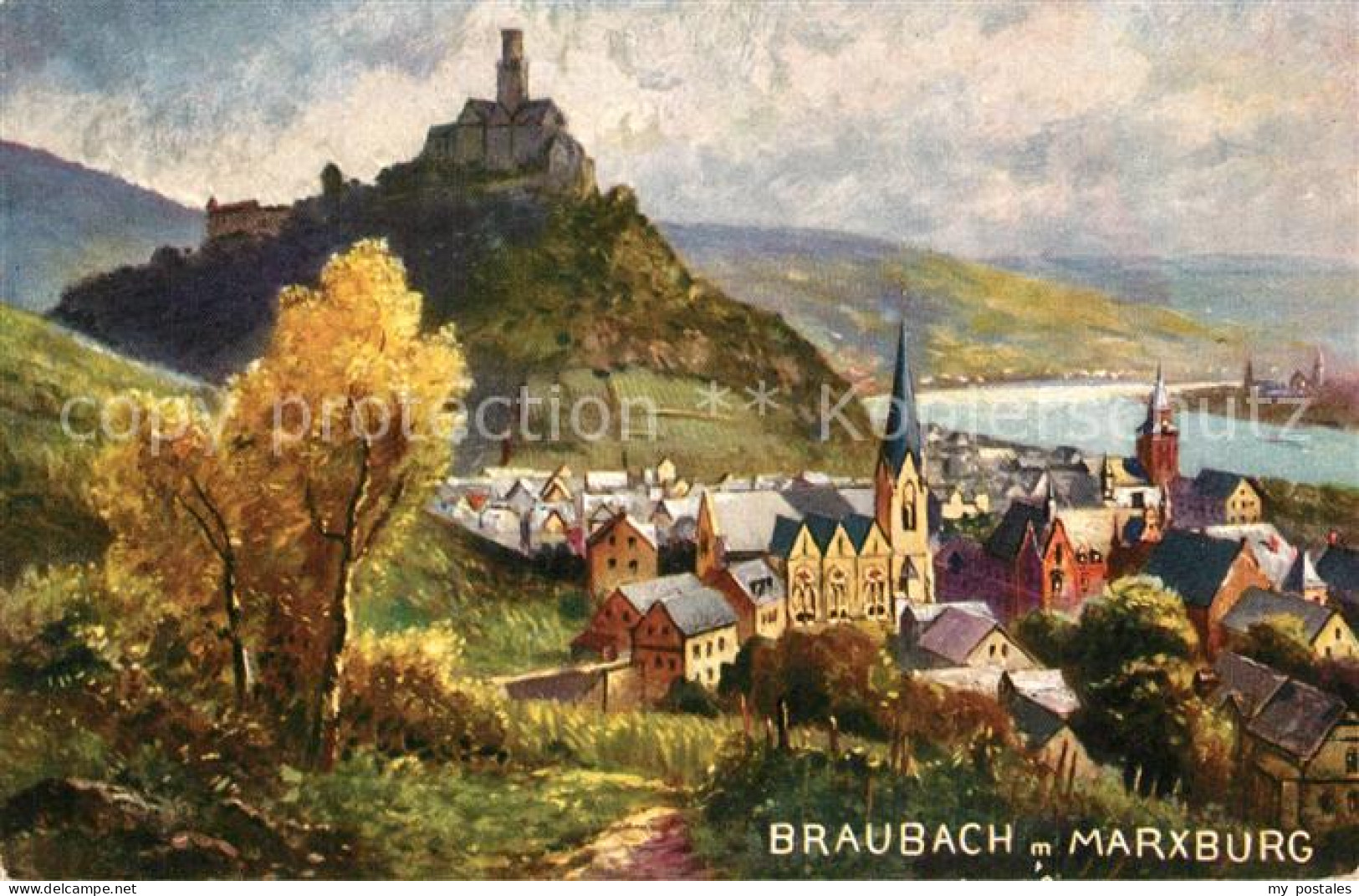 73559614 Braubach Rhein Panorama Mit Marxburg Kuenstlerkarte Braubach Rhein - Braubach