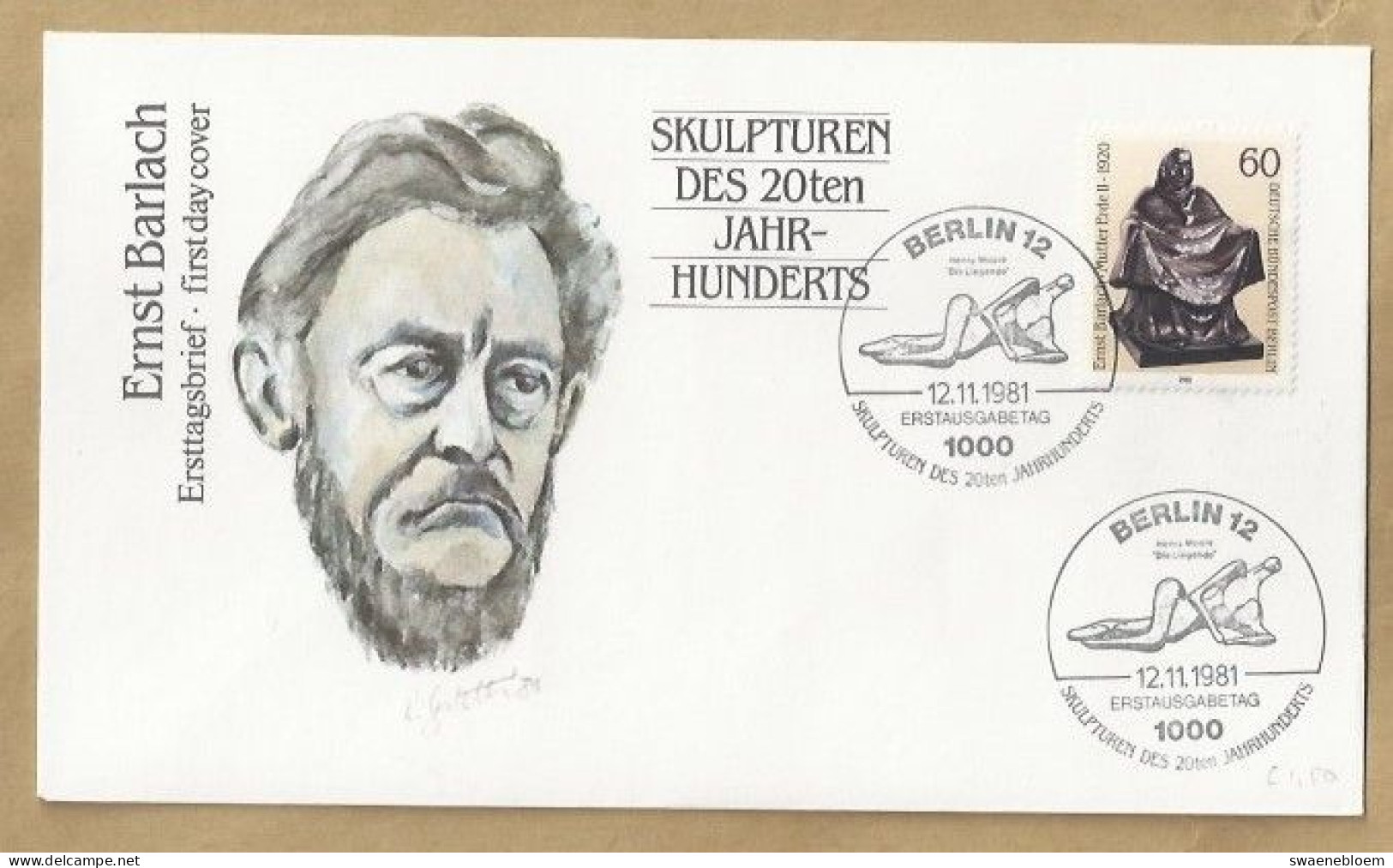 DE.- ERSTTAGSBRIEF. SKULPTUREN DES 20ten JAHR HUNDERTS. ERNST BARLACH. ERSTAUSGABETAG 12.11.1981. BERLIN 12. FDC. - 1981-1990