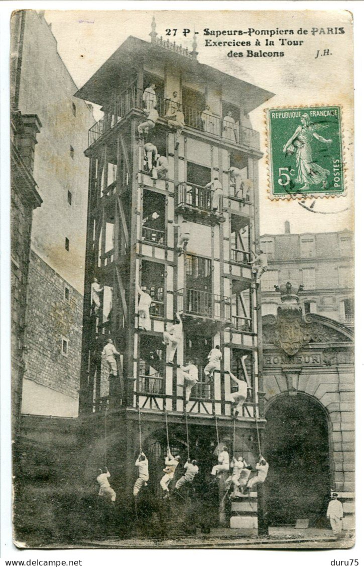 CPA Voyagé 1914 * Sapeurs Pompiers De PARIS Exercices De La Tour Des Balcons - Sapeurs-Pompiers