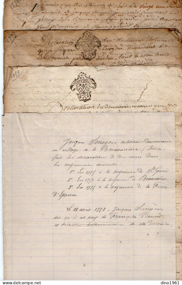 VP23.050 - Cachet Généralité De POITIERS - 5 Actes De 1755 / 73 / 78 - M. Jacques SENEGON à La Bressonnière ( ARDIN ) - Manuscrits