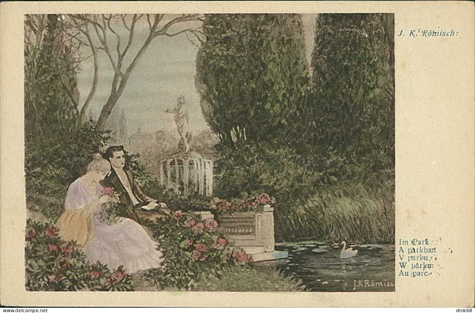 J.K. ROMISCH SIGNED 1910s POSTCARD - AU PARC - COUPLE & FLOWERS - EDIT F.H. & S.W. IX - 3012 (5470) - Corbella, T.