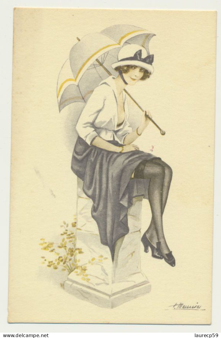Carte Fantaisie Femme Assise Avec Parapluie - Illustrateur Signé MEUNIER - Meunier, S.