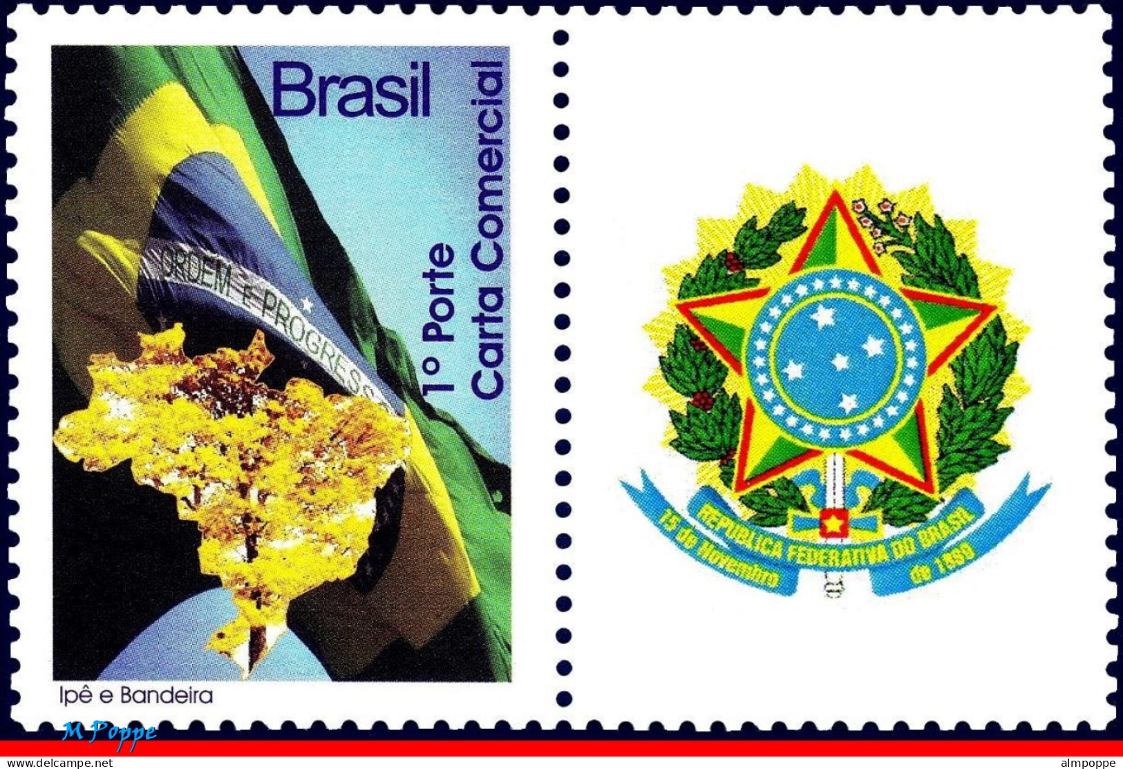 Ref. BR-3080N-1 BRAZIL 2009 - IPE WOOD VE, MAPS, FLAGS,COAT OF ARMS, PERSONALIZED MNH, COATS OF ARMS 1V Sc# 3080N - Briefmarken