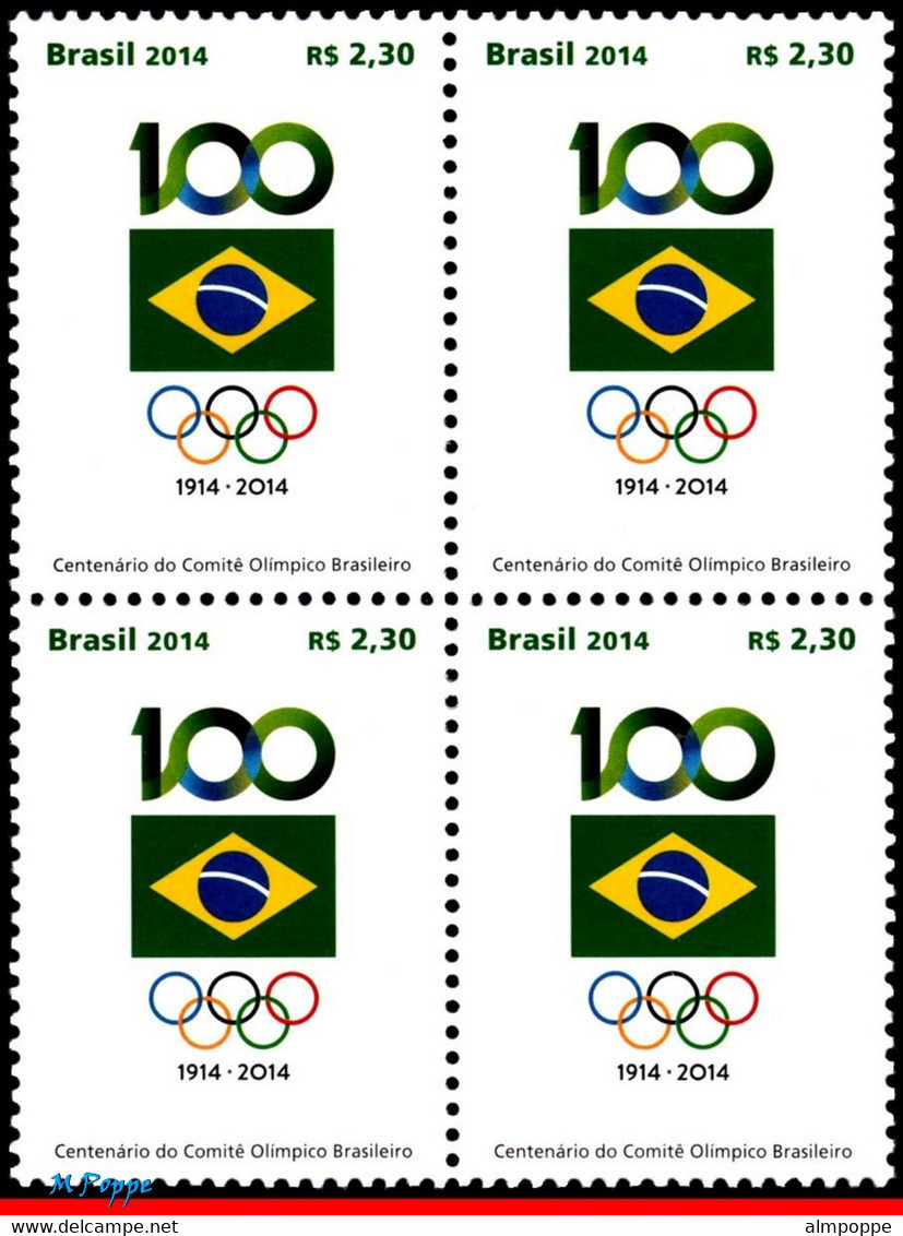 Ref. BR-3277-Q BRAZIL 2014 SPORTS, BRAZILIAN OLYMPIC, COMMITTEE, CENT., FLAG, BLOCK MNH 4V Sc# 3277 - Francobolli