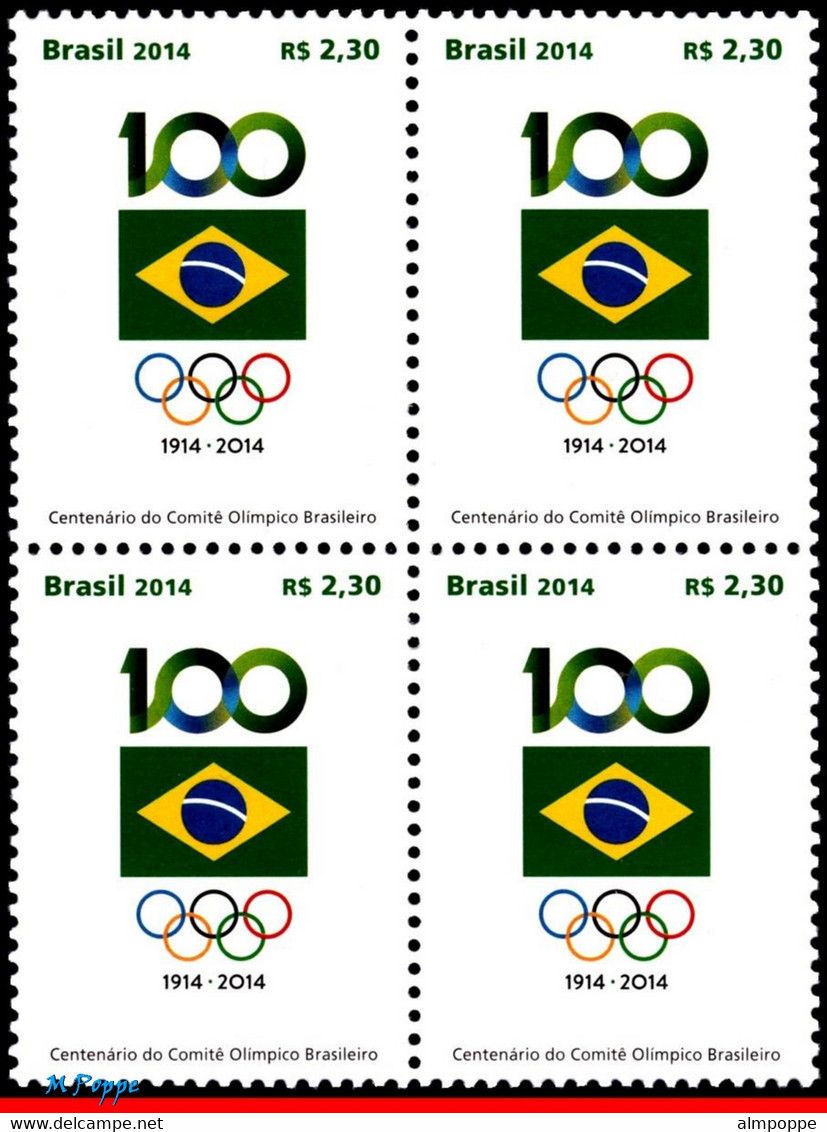 Ref. BR-3277-Q BRAZIL 2014 SPORTS, BRAZILIAN OLYMPIC, COMMITTEE, CENT., FLAG, BLOCK MNH 4V Sc# 3277 - Sellos