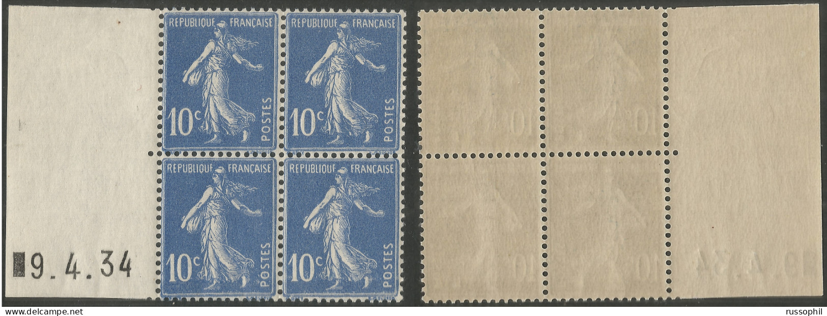 FRANCE - ROULETTE - Yv  #279 - BLOC DE 4 COIN DATE A GAUCHE 9.4.34 (**) - ROLLER BLOCK OF 4 LEFT DATED 9.4.34 (MNH) - Coil Stamps