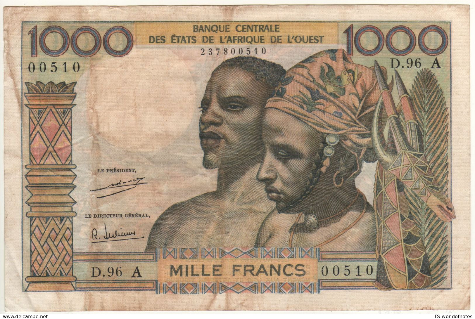 IVORY COAST   1'000 Francs  P103Ah   West AFRICAN States ( ND  1965 ) Couple On Front + Bearded Man At Back - Costa De Marfil