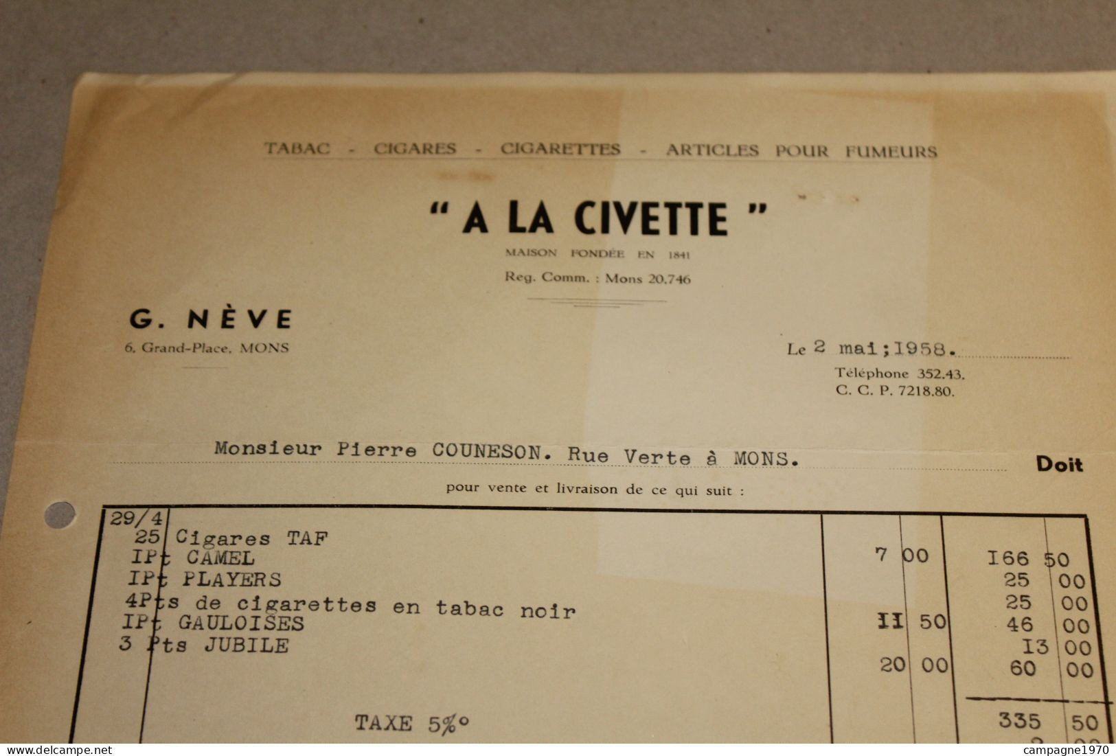 ANCIENNE FACTURE - MONS - TABACS CIGARES " A LA CIVETTE " - GRAND PLACE - 1958 - 1950 - ...