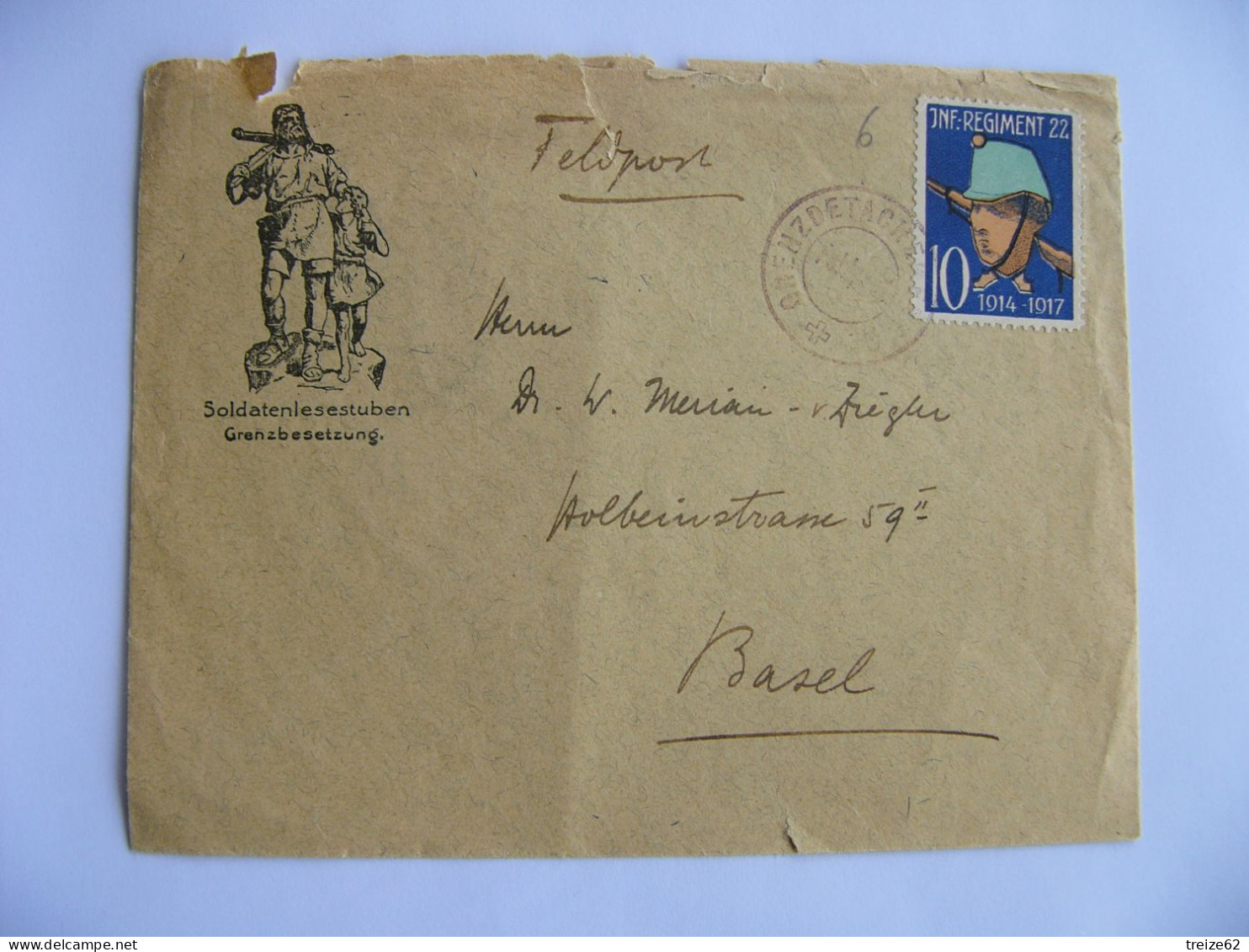 1917 Lettre Schweiz Soldatenmarken JNF Régiment 22 1914 1917  Feldpost Suisse Adressée à Bâle - Vignetten