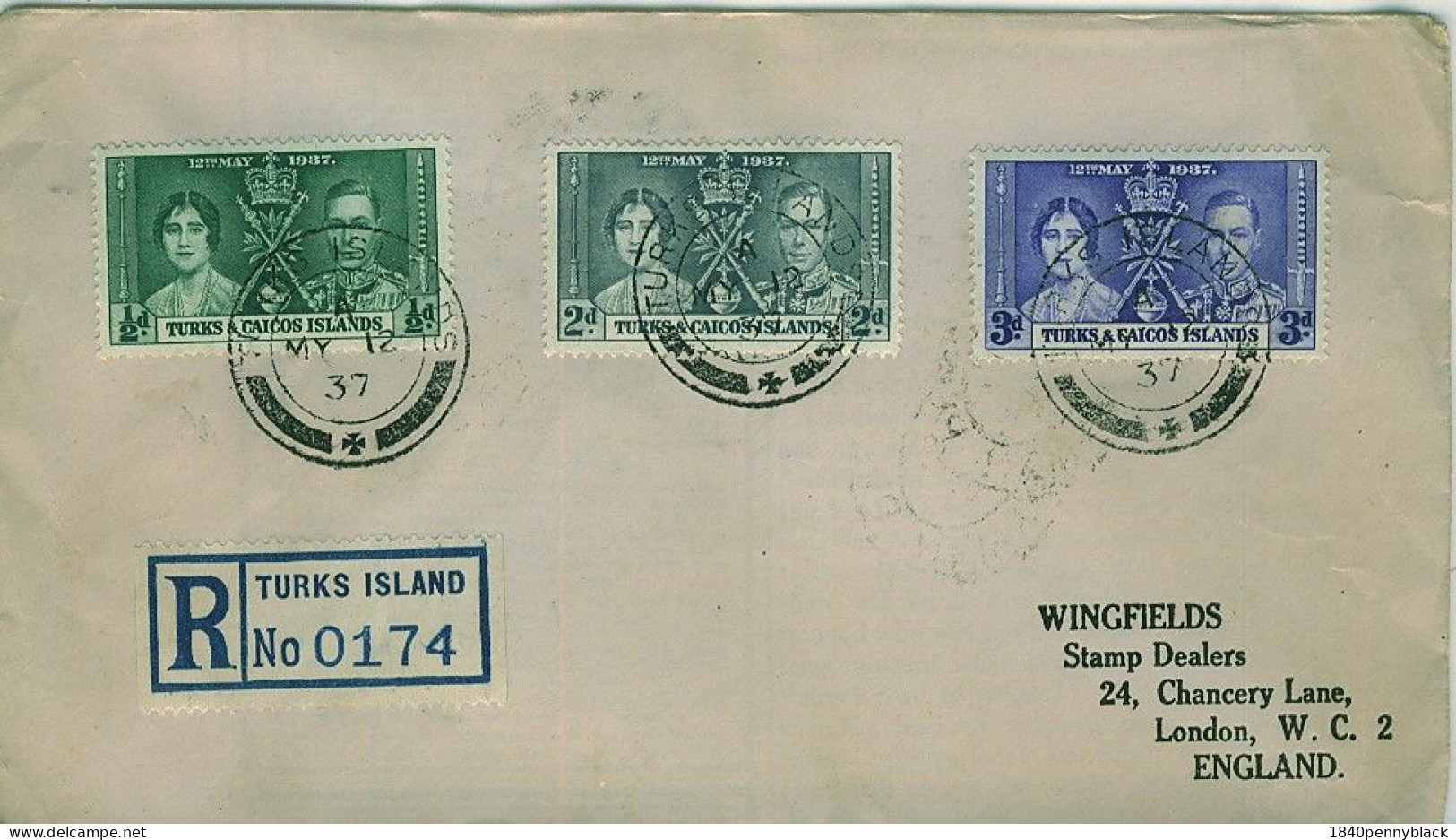 TURKS & CAICOS ISLANDS KGVI 1937 Coronation SG   191-3 Registered  First Day Cover To London. - Turks & Caicos (I. Turques Et Caïques)