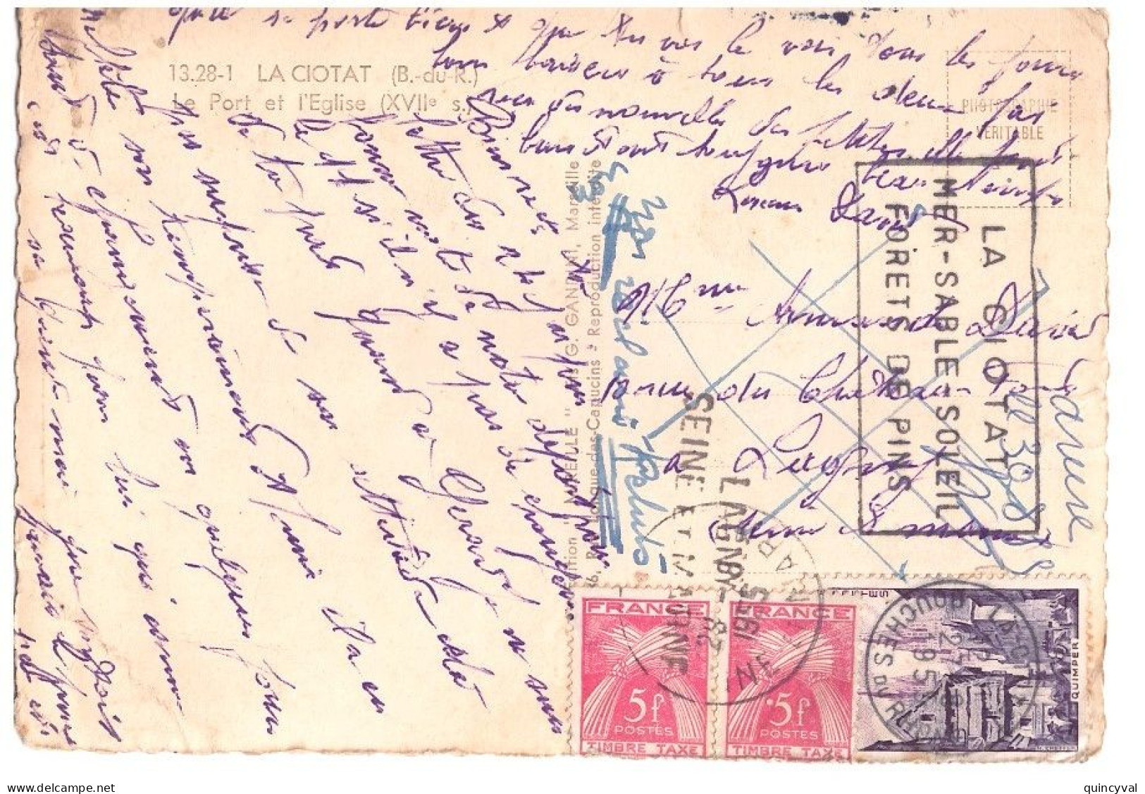 LA CIOTAT B D R Carte Postale Taxée Texte AU DELA LIMITES 12 F Quimper TAXE 10 F 2 X 5 F Gerbes Yv 979 T85 - 1859-1959 Lettres & Documents