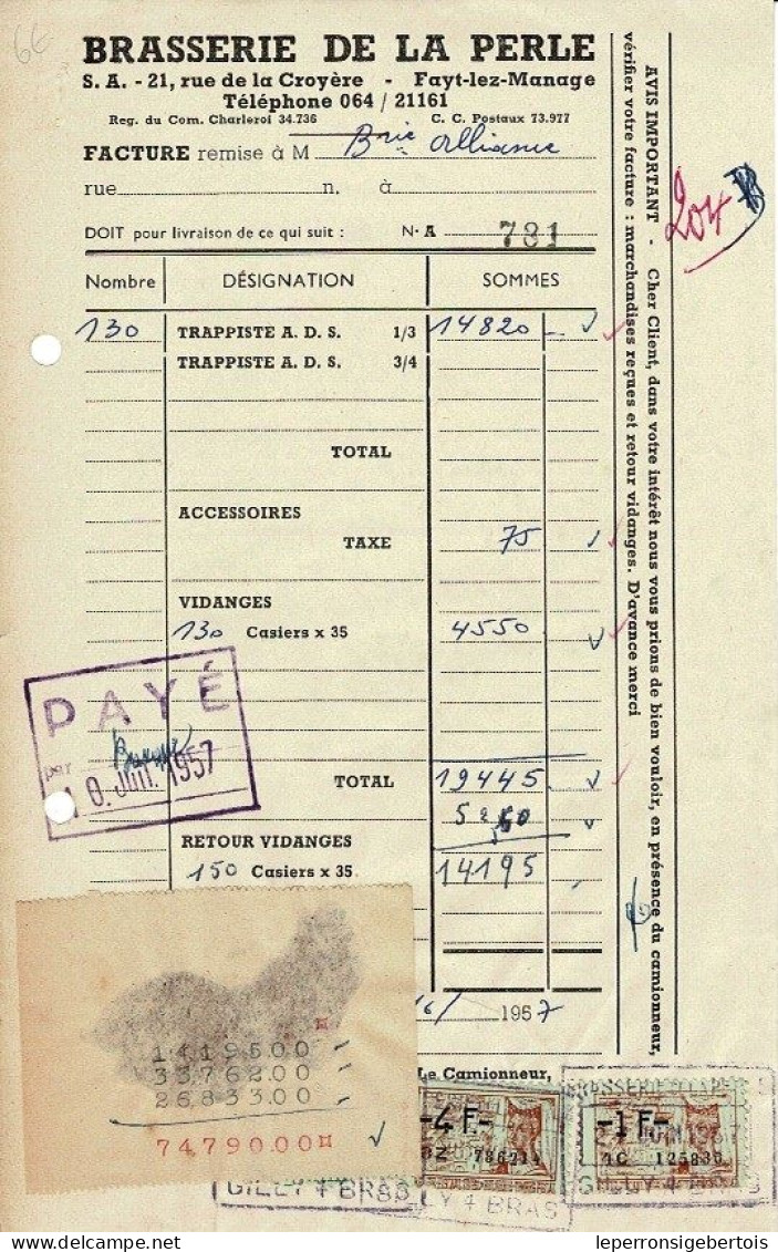 Brasserie De La Perle - Facture Du 07/06/1957 à Brasserie Alliance - - Invoices