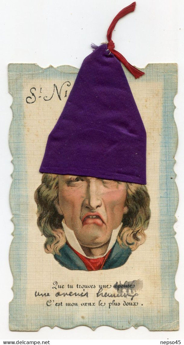 Bonnet Textil Mauve St Nicolas.tête D'homme.ajouti.découpi "  Que Tu Trouve Une épouse,c'est Mon Voeux Les Plus Doux " - Saint-Nicholas Day