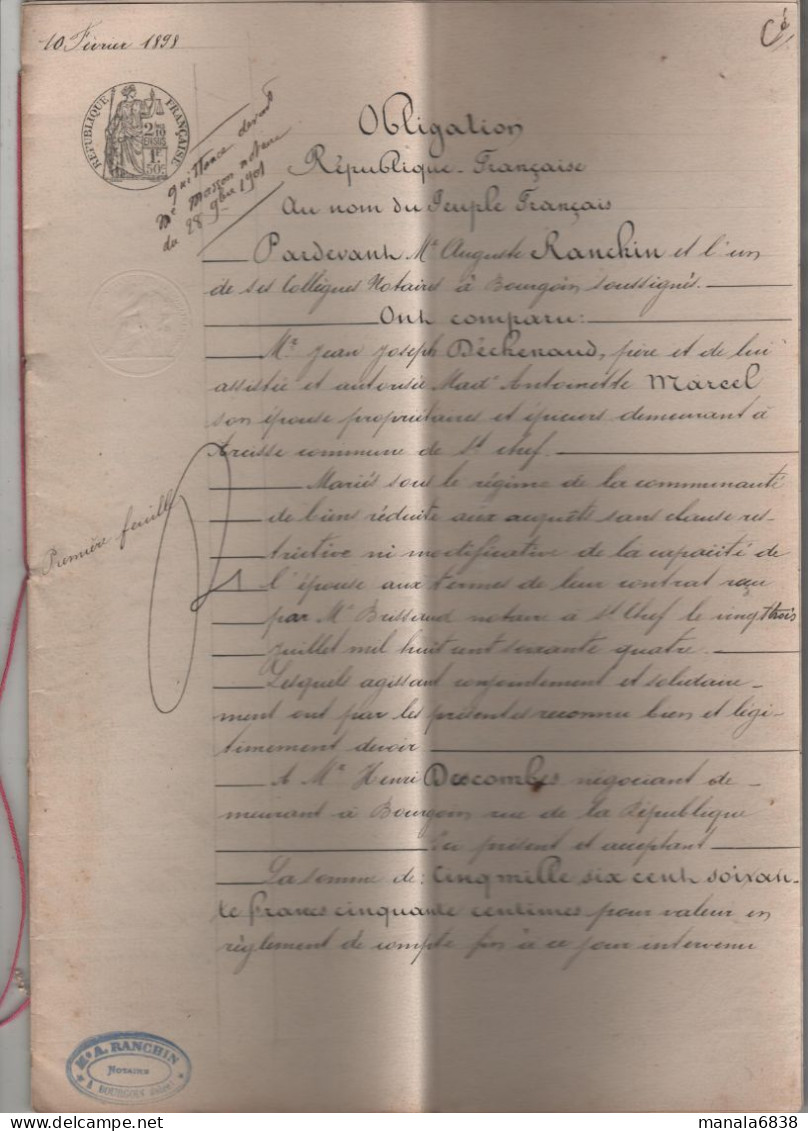 Obligation 1898 Familles Déchenaud Marcel Descombes Négociant Notaire Ranchin Bourgoin - Non Classés