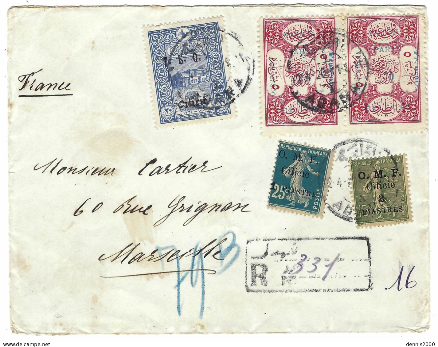 1920 - Enveloppe RECC. D' ADANA  Affr. Mixte Français ( O.M.F ) Et Turcs - Au Dos CONTROLE POSTAL - Lettres & Documents