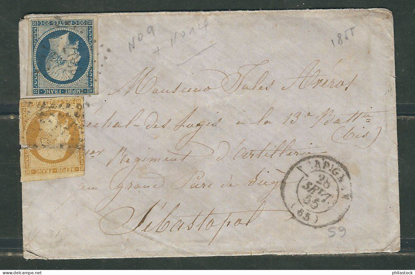 FRANCE 1855 Guerre De Crimée N° 9 & 14 (def.) Obl. S/Lettre De Perpignan Pour Sébastopol - 1852 Louis-Napoléon