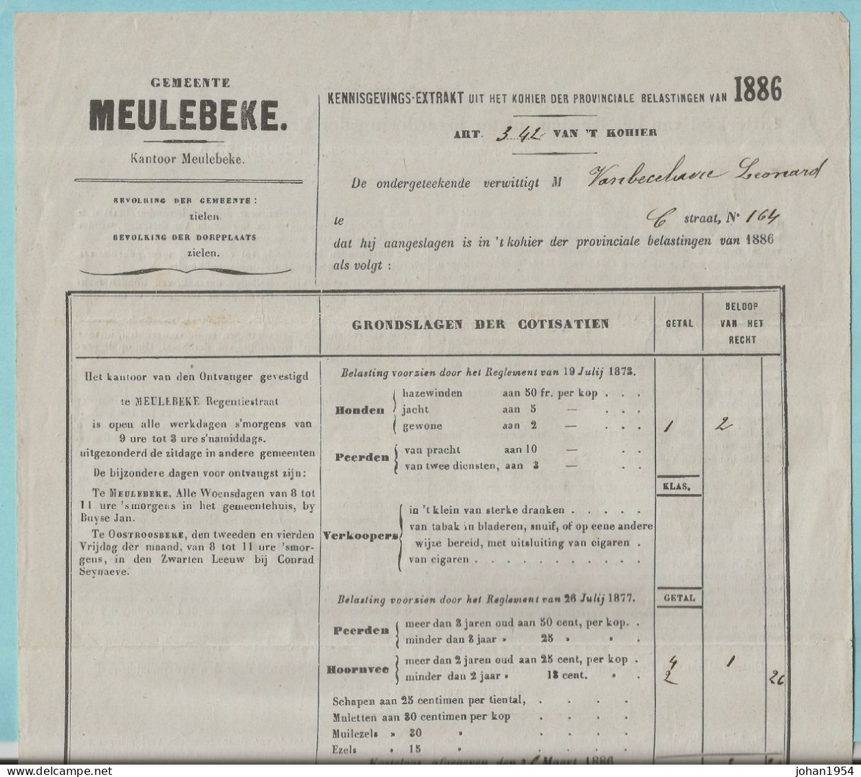 MEULEBEKE 1886 - Hondenbelasting - 1800 – 1899