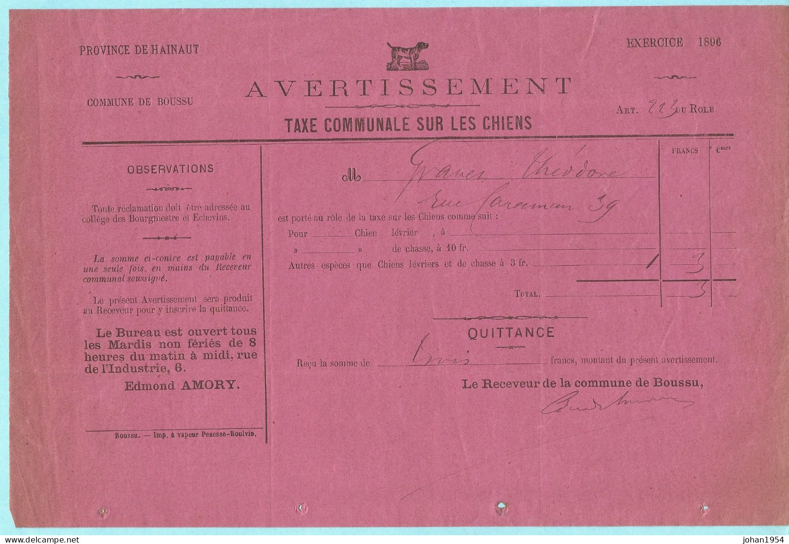 BOUSSU 1896 - Avertissement TAXE COMMUNALE SUR LES CHIENS - 1800 – 1899