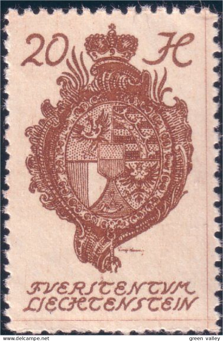 574 Liechtenstein 1920 Armoiries Coat Of Arms 20H MH * Neuf (LIE-42) - Briefmarken