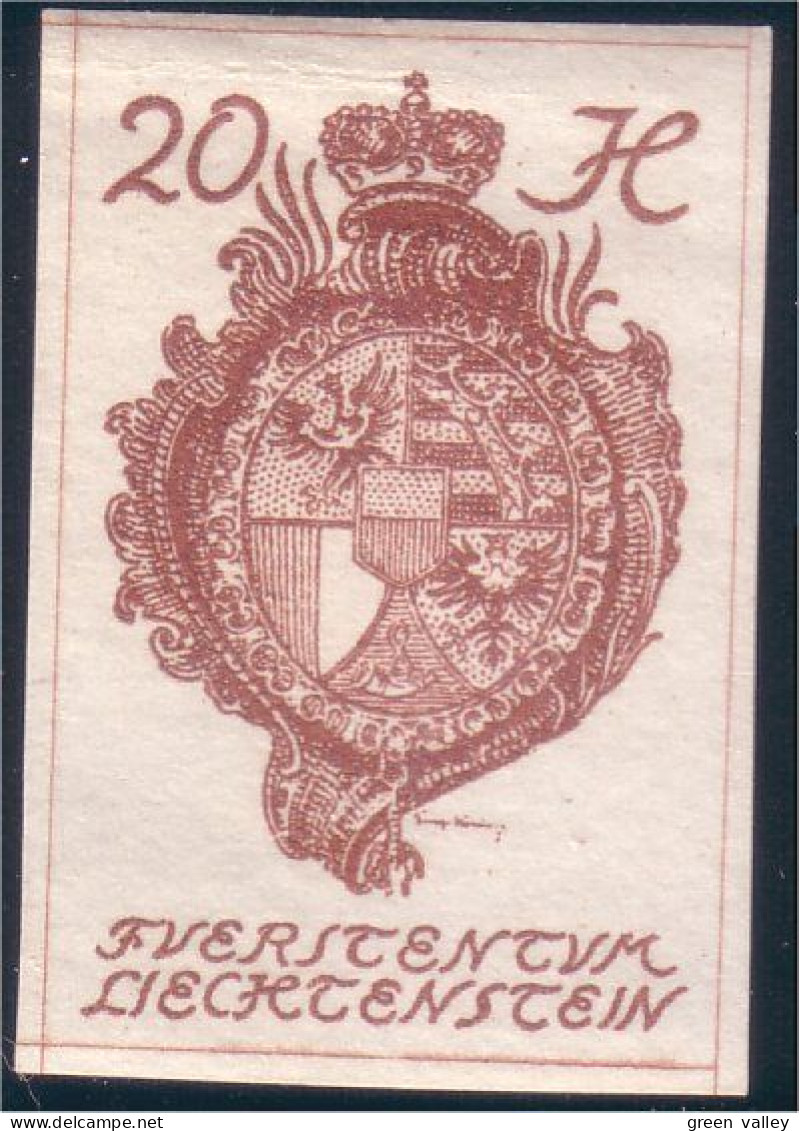 574 Liechtenstein 1920 Armoiries Coat Of Arms 20H Imperforate Non Dentelé MNH ** Neuf SC (LIE-33) - Stamps