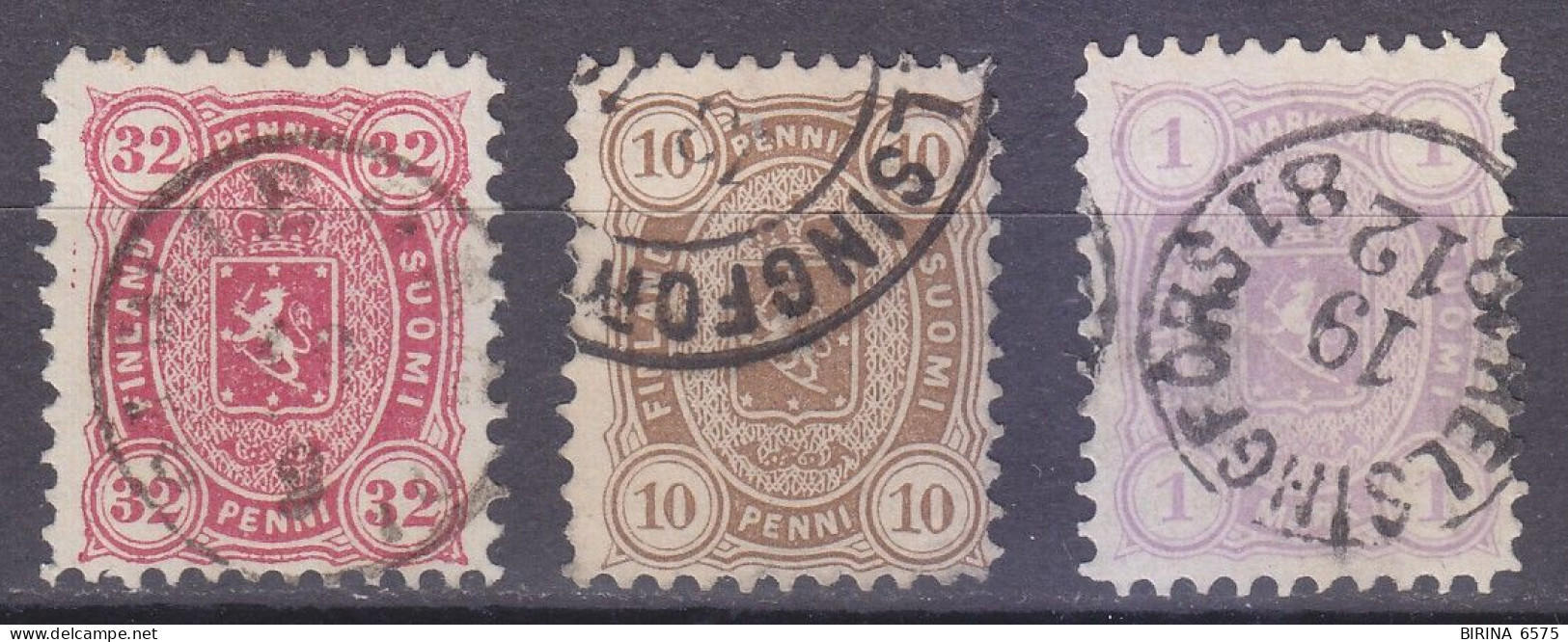 Finland. 1875. Perf 11. 10, 32 Pen, 1 Mark.  3 Stamps. 280 €. High Cat. Value - M - Oblitérés