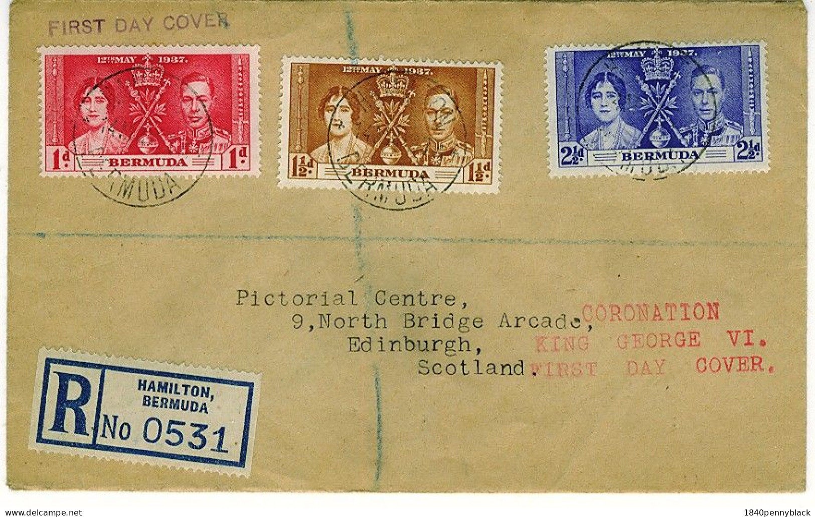 BERMUDA  KGVI 1937 Coronation SG 107-9 Registered  First Day Cover To Edinburgh - Bermuda