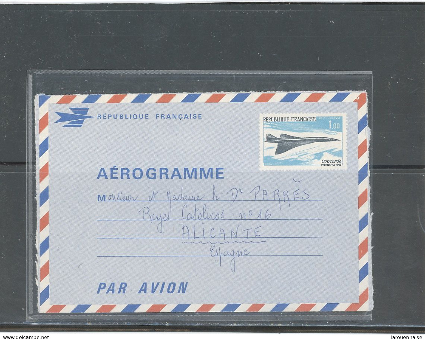 AEROGRAMME -N°1001 -AER   -CONCORDE - DESTINATION ESPAGNE -VOYAGÉ, NON OBLITERÉ - Aerogrammi