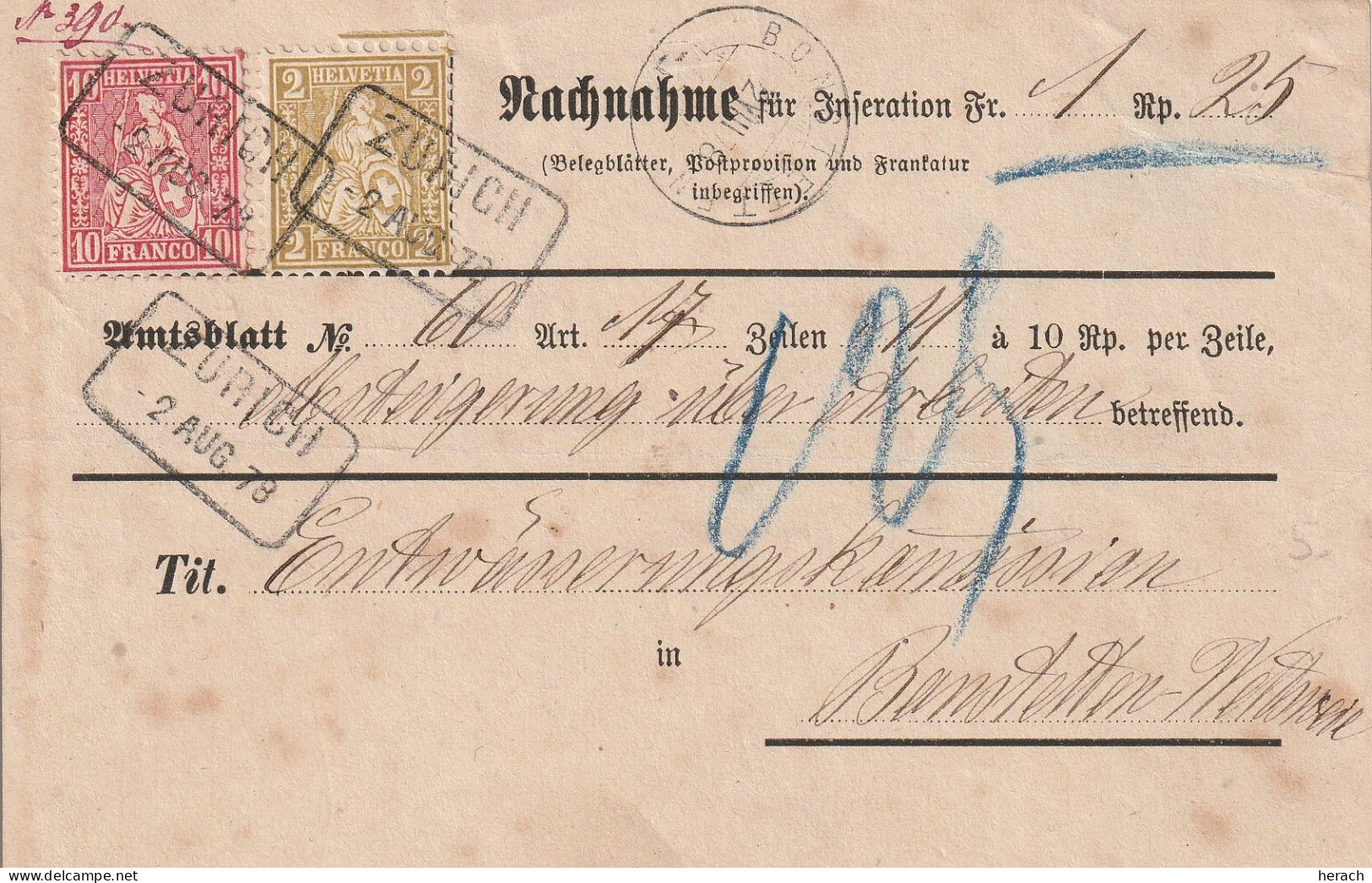 Suisse Carton Contre Remboursement Zürich 1878 - Marcophilie