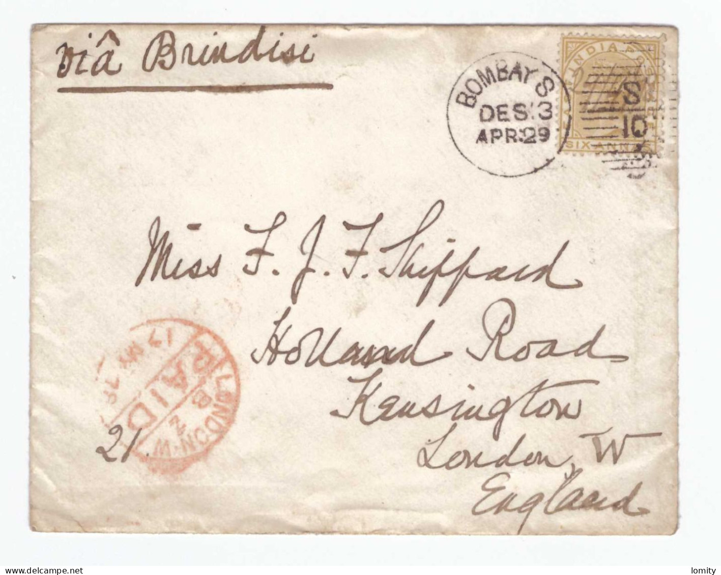 Inde 1878 Lettre Letter Cover  Bombay Via Brindisi Affranchissement Six Annas , Cachet Rouge Paid London - 1858-79 Kolonie Van De Kroon