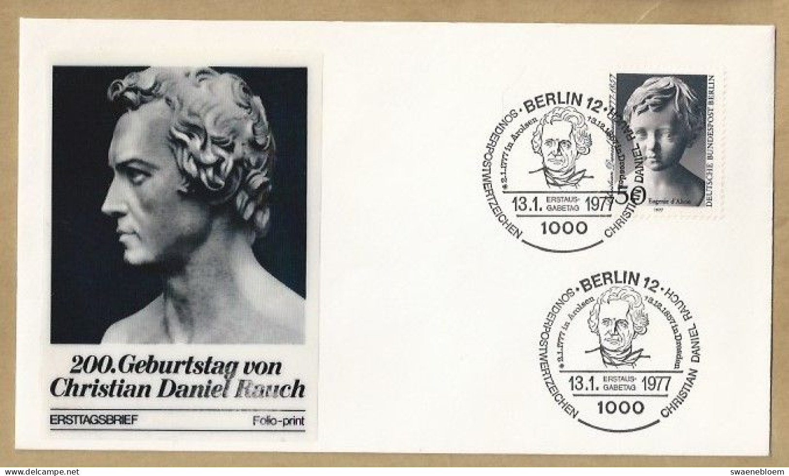 DE.- ERSTTAGSBRIEF. 200. GEBURTSTAG VON CHRISTIAN DANIEL RAUCH. ERSTAUSGABETAG 13.1.1977. BERLIN 12. FDC. - 1971-1980