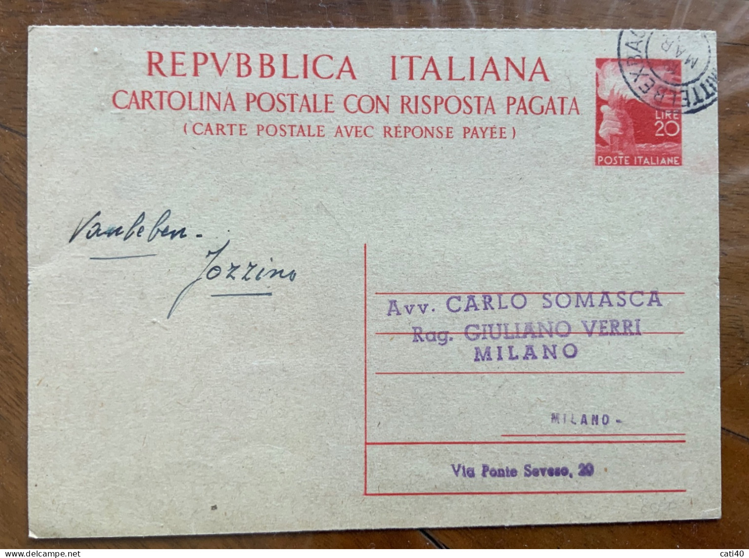 CARTOLINA POSTALE CON RISPOSTA PAGATA  L. 20  - DA MITTELBEXABACH 17/3/48 Per MILANO - 1946-60: Mint/hinged