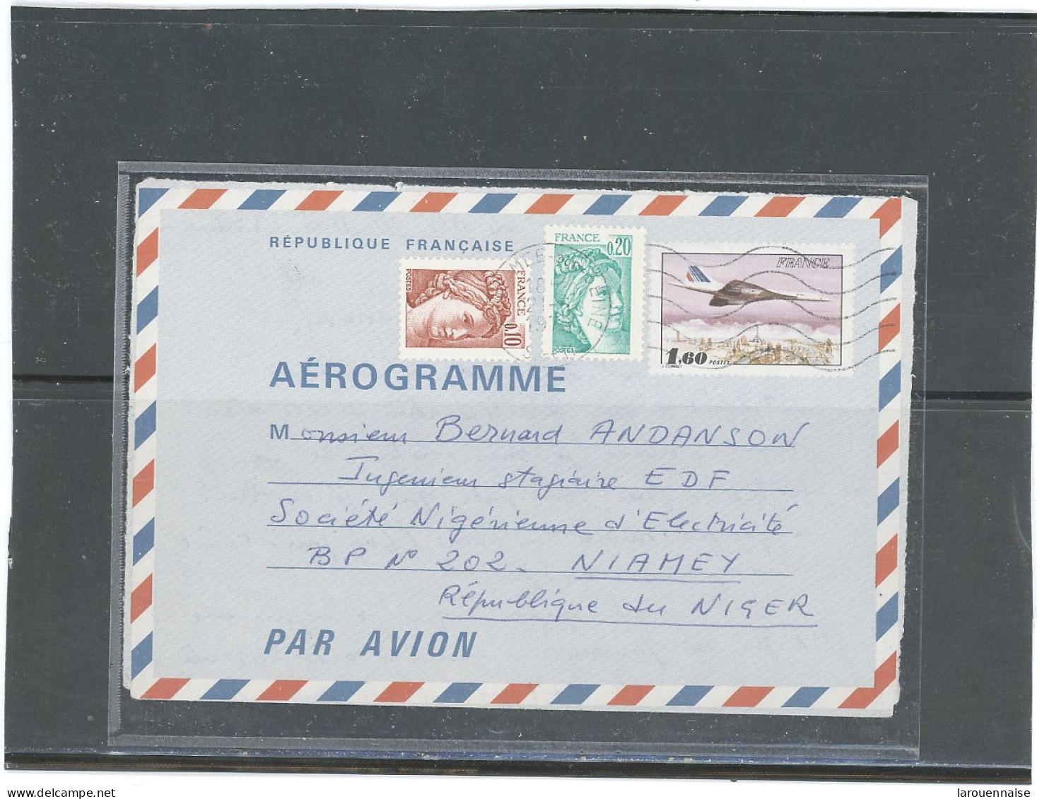 AEROGRAMME -N°1004 -AEF-+SABINE 0,10 +0,20 COMPLÉMENT NOUVEAU TARIF (1,90) DESTINATION NIGER - Luchtpostbladen