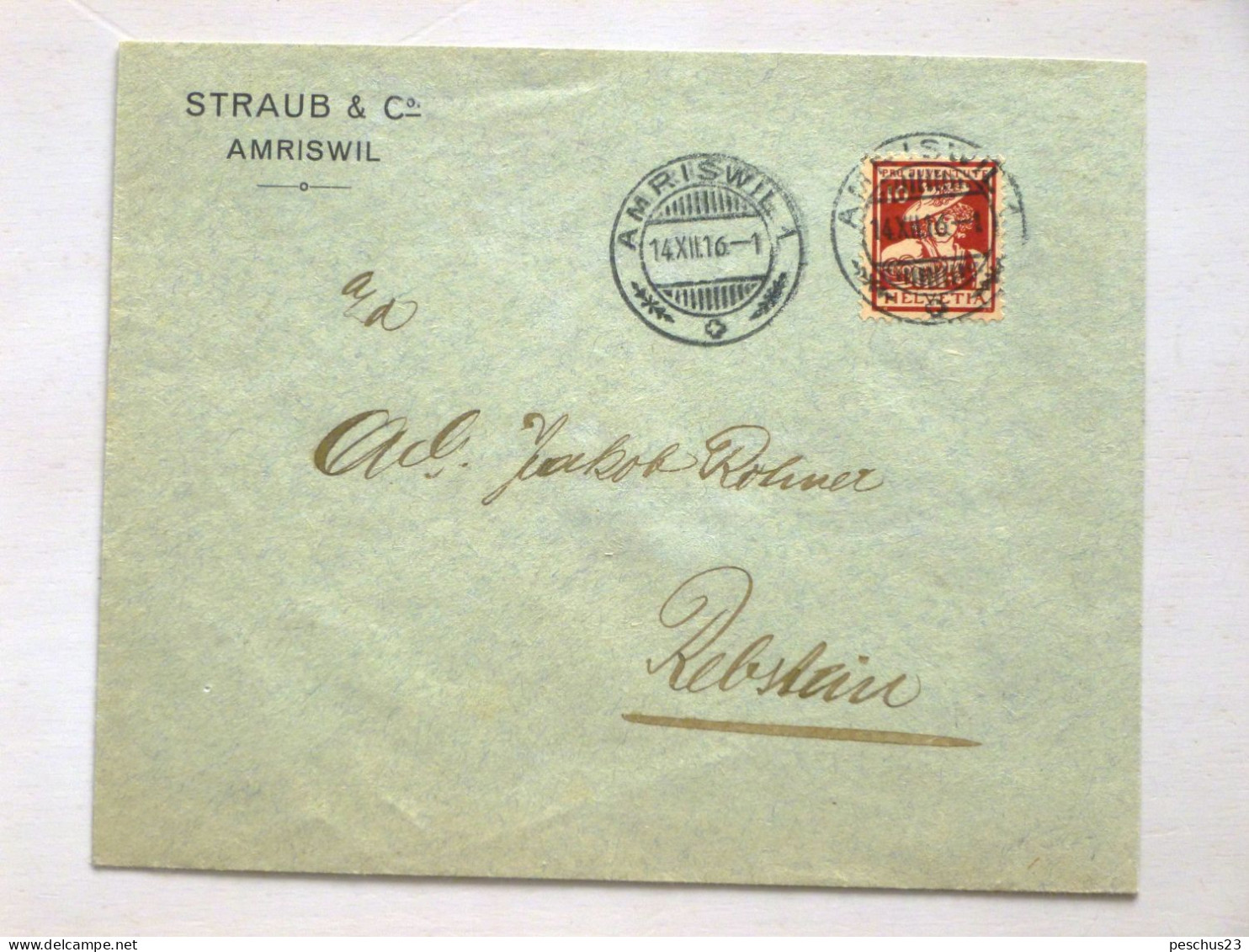 SUISSE / SCHWEIZ / SWITZERLAND / Firmenbrief Frank. Mit 10(+5)Rp. PRO JUVENTUTE 1916, Von AMRISWIL 14.XII.16 > REBSTEIN - Storia Postale