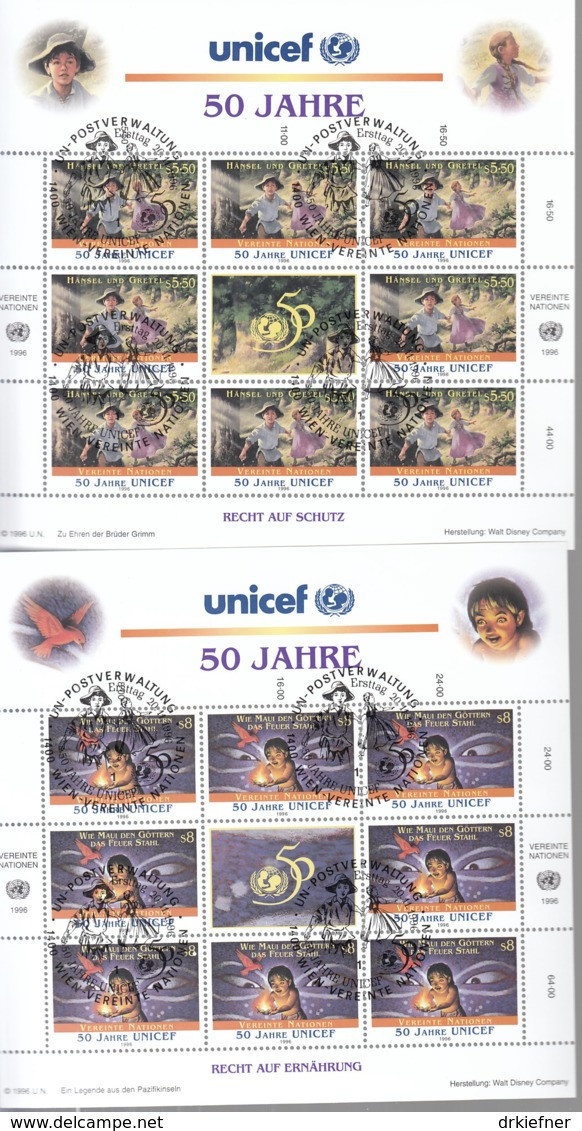 UNO WIEN 218-219, 2 Kleinbogen, Gestempelt, 50 Jahre UNICEF 1996 - Blocs-feuillets