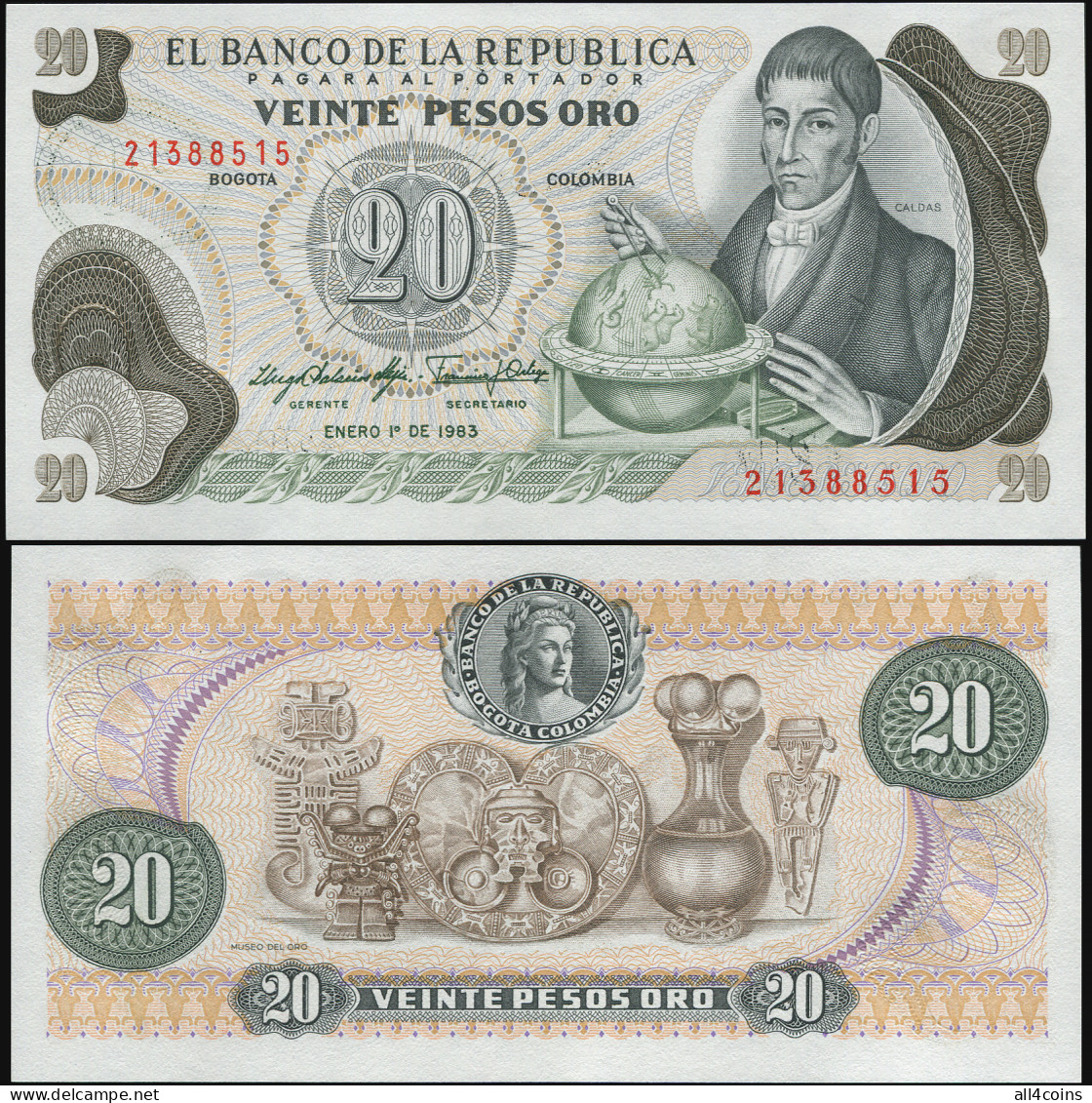Colombia 20 Pesos Oro. 01.01.1983 Unc. Banknote Cat# P.409d - Colombia
