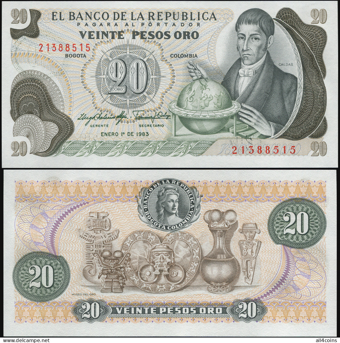 Colombia 20 Pesos Oro. 01.01.1983 Unc. Banknote Cat# P.409d - Colombie