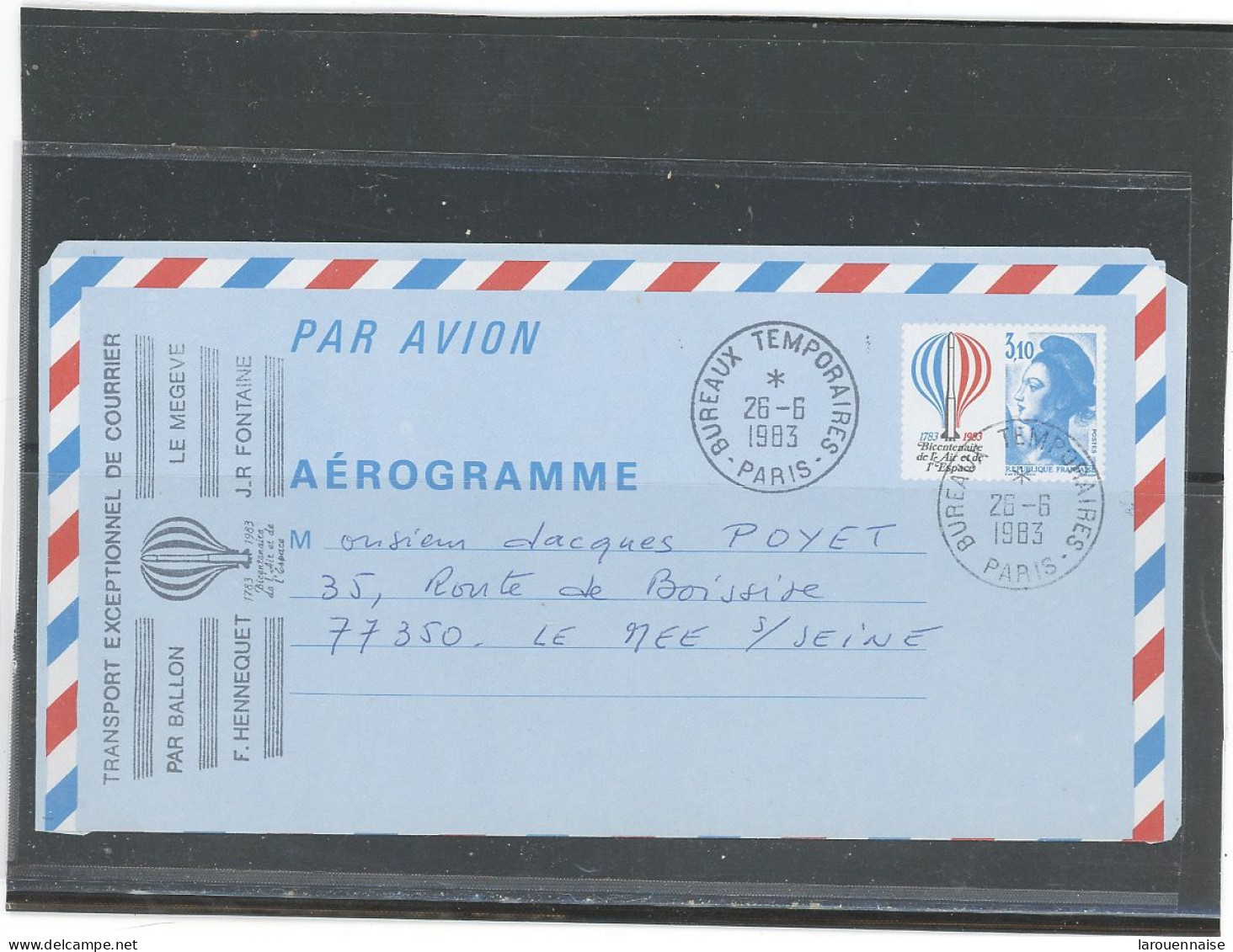 AEROGRAMME -N°1010 AER BICENTENAIRE DE L'AIR ET DE L'ESPACE -BUREAU TEMPORAIRE -PARIS 26-6-1983 - Aerogramme