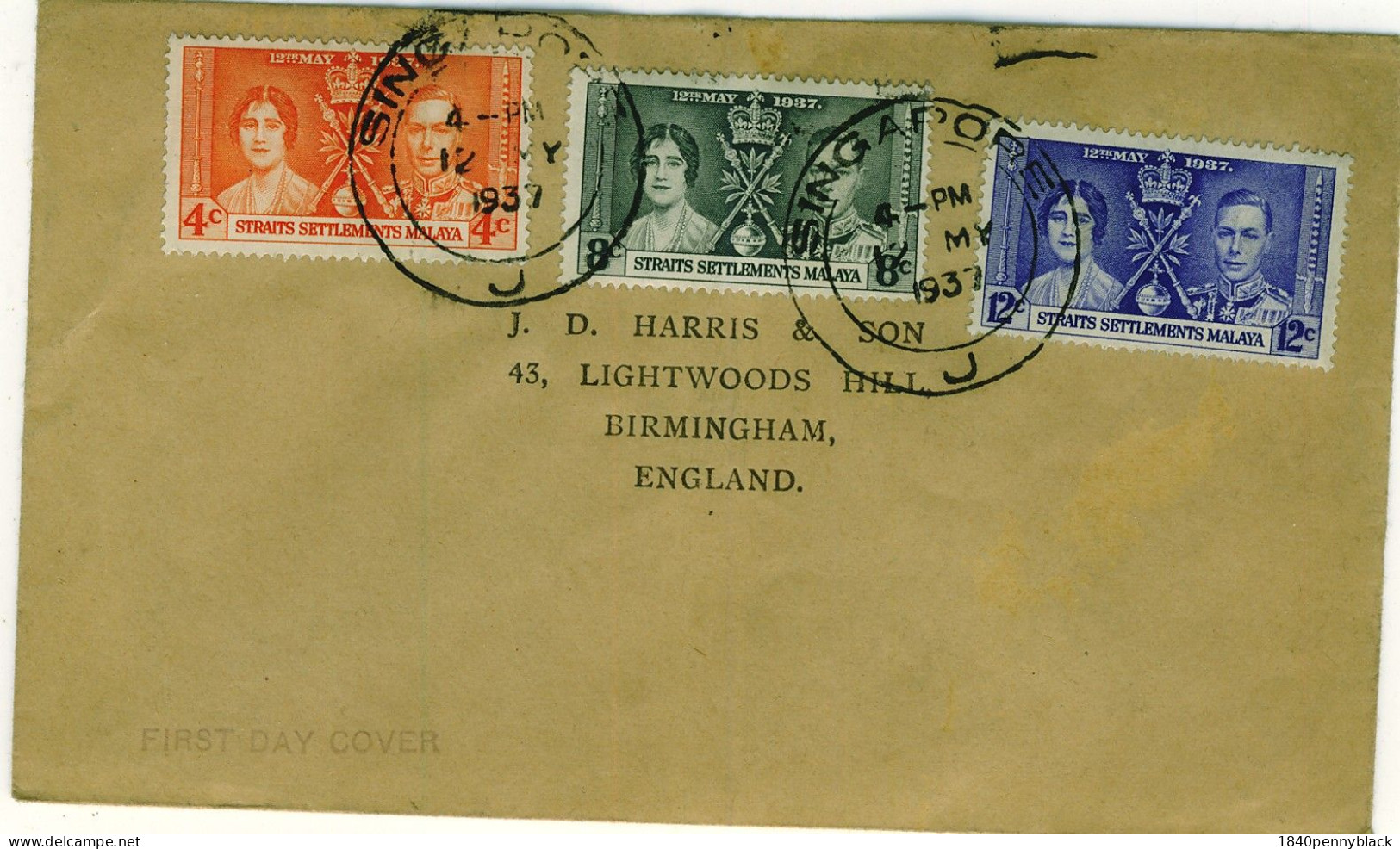 MALAYA STRAITS SETTLEMENTS SINGAPORE KGVI 1937 Coronation SG  275-7 First Day Cover To Birmingham - Straits Settlements