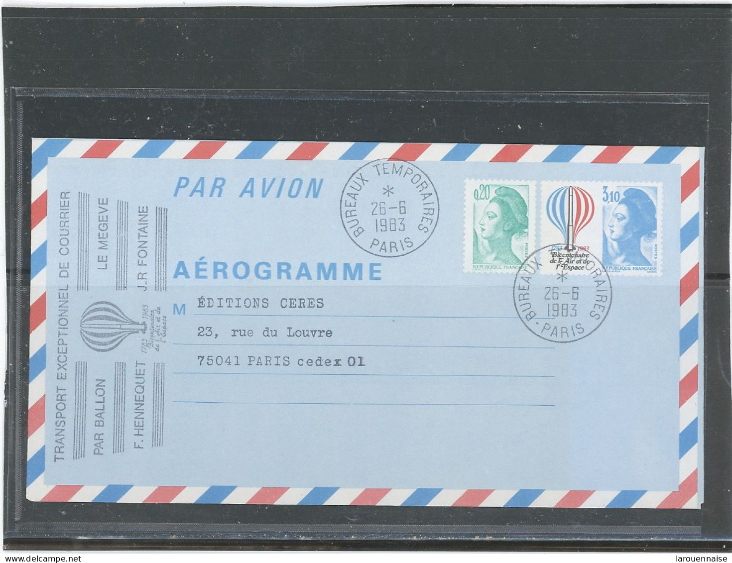 AEROGRAMME -N°1010 AER BICENTENAIRE DE L'AIR ET DE L'ESPACE -BUREAU TEMPORAIRE -PARIS 26-6-1983 - Aerograms