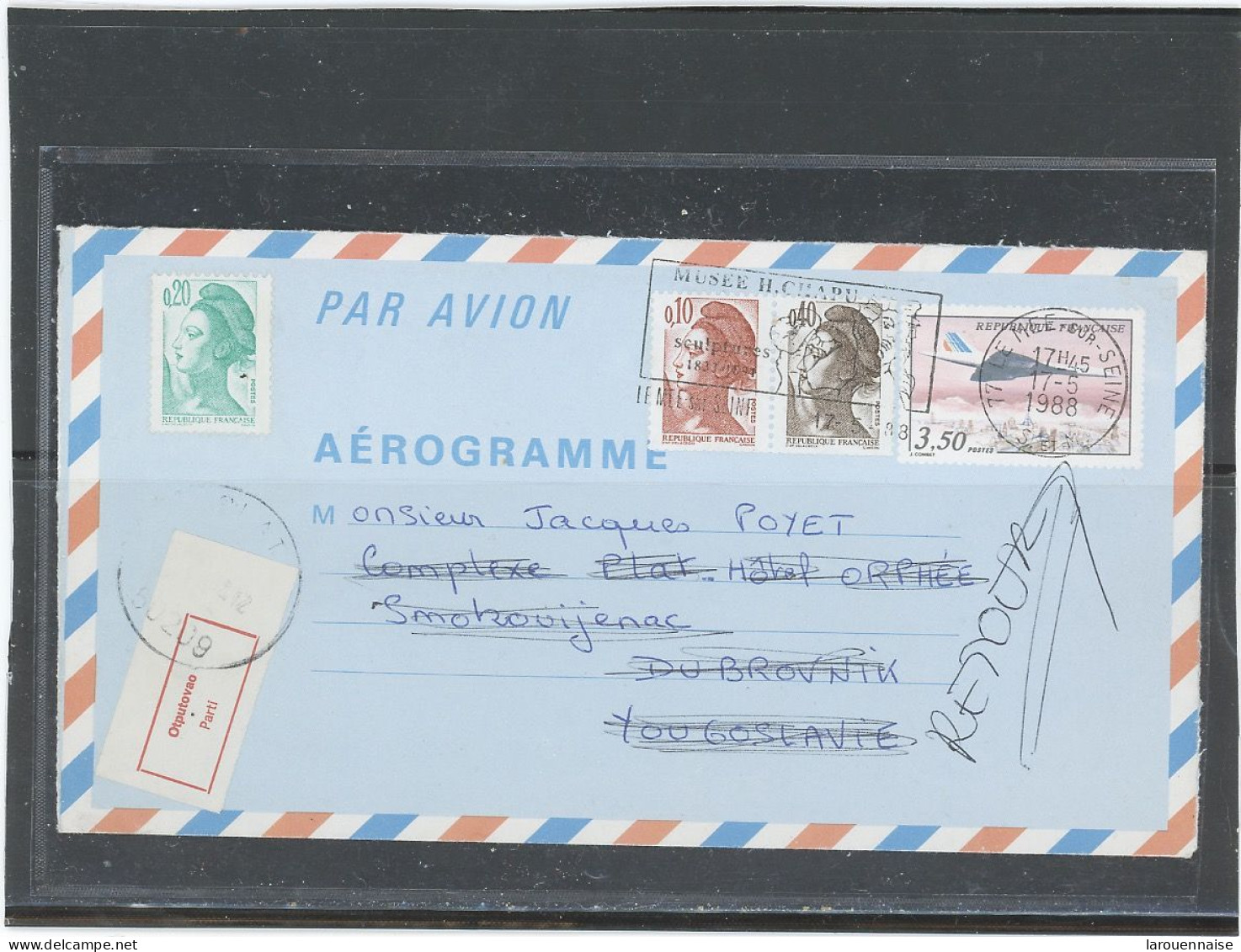 AEROGRAMME -N°1012 -AER -CONCORDE - 3,50 F +LIBERTÉ0,10 +0,20+0,40 (TARIF 1987 à 4,20F) DESTINATION YOUGOSLAVIE - Aerogramas