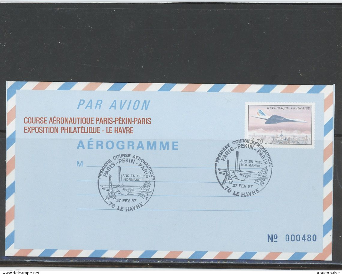 AEROGRAMME -N°1014 -AER -CONCORDE - 3,70 F-REPIQUAGE -COURSE AERONAUTIQUE PARIS-PEKIN-PARIS BUREAU TEMPORAIRE LE HAVRE - Luchtpostbladen