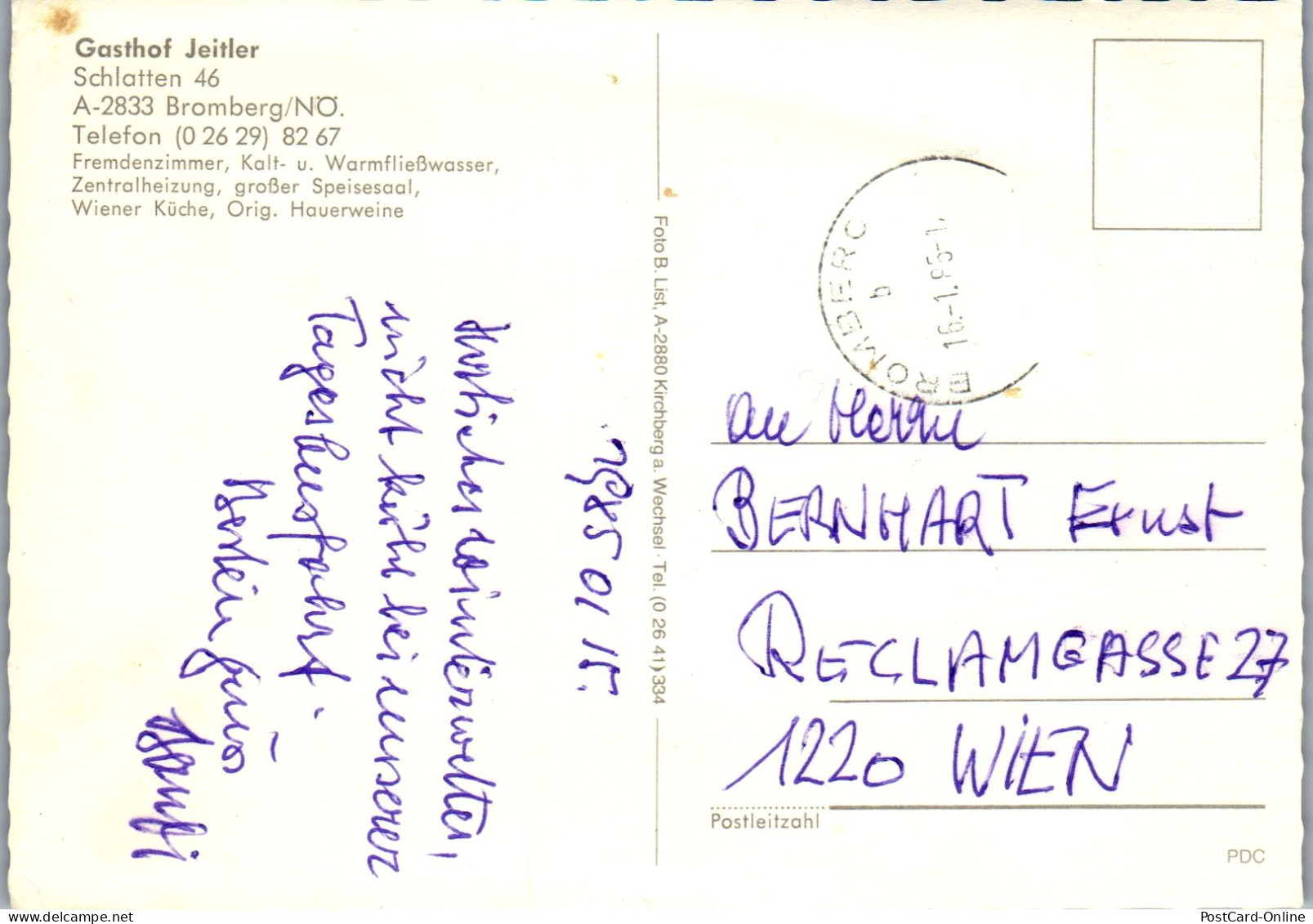 49153 - Niederösterreich - Bromberg , Schlatten , Gasthof Jeitler - Gelaufen 1985 - Wiener Neustadt
