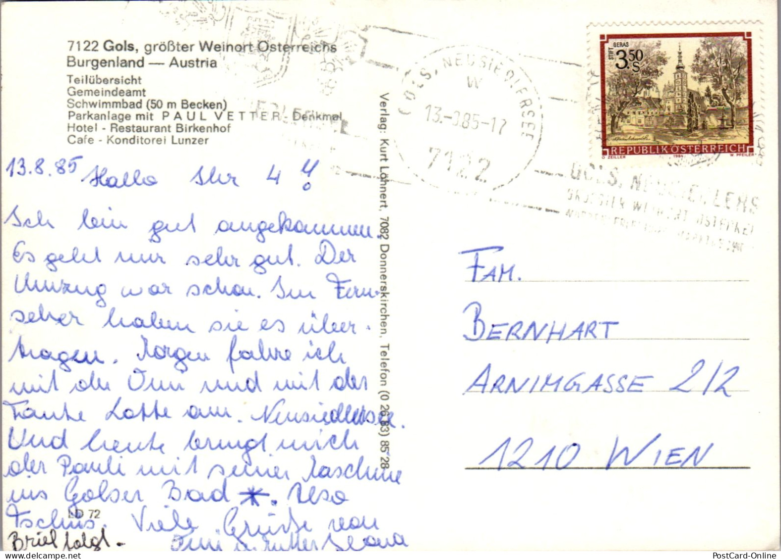 48895 - Burgenland - Gols , Cafe Konditorei Lunzer , Schwinnbad , Freibad , Gemeindeamt - Gelaufen 1985 - Neusiedlerseeorte