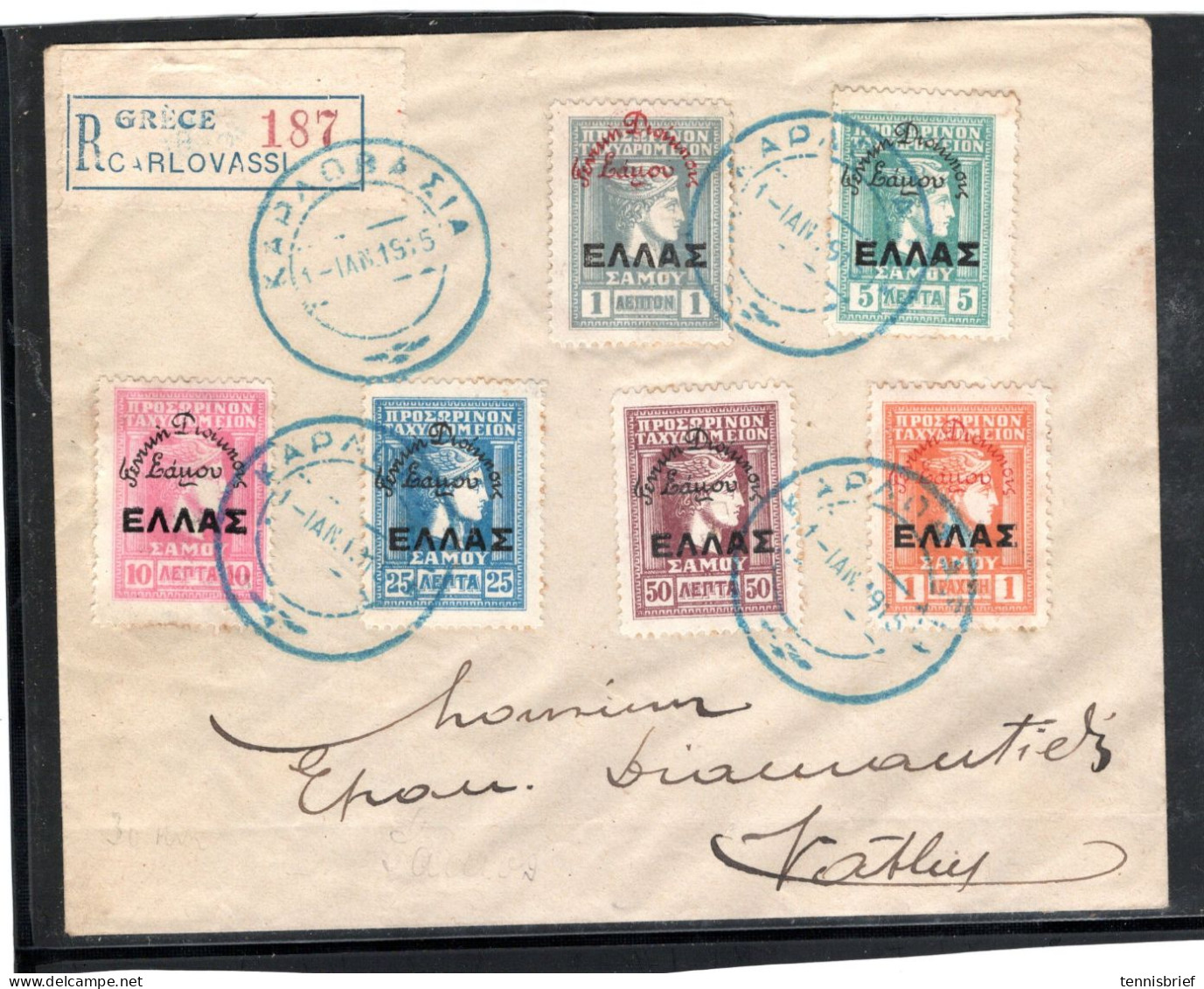 1915 , Complete Set Overprint , Scarce Blue Cancel " KARLOVSSI 1. Jan. 1915 "  Scarce Registered Label  ,ariv..   #1510 - Samos