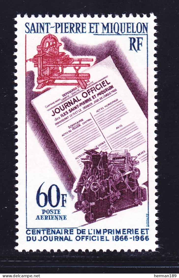 SAINT PIERRE ET MIQUELON AERIENS N°   37 ** MNH Neuf Sans Charnière, TB (D7334) Centenaire De L'imprimerie - 1966 - Nuevos