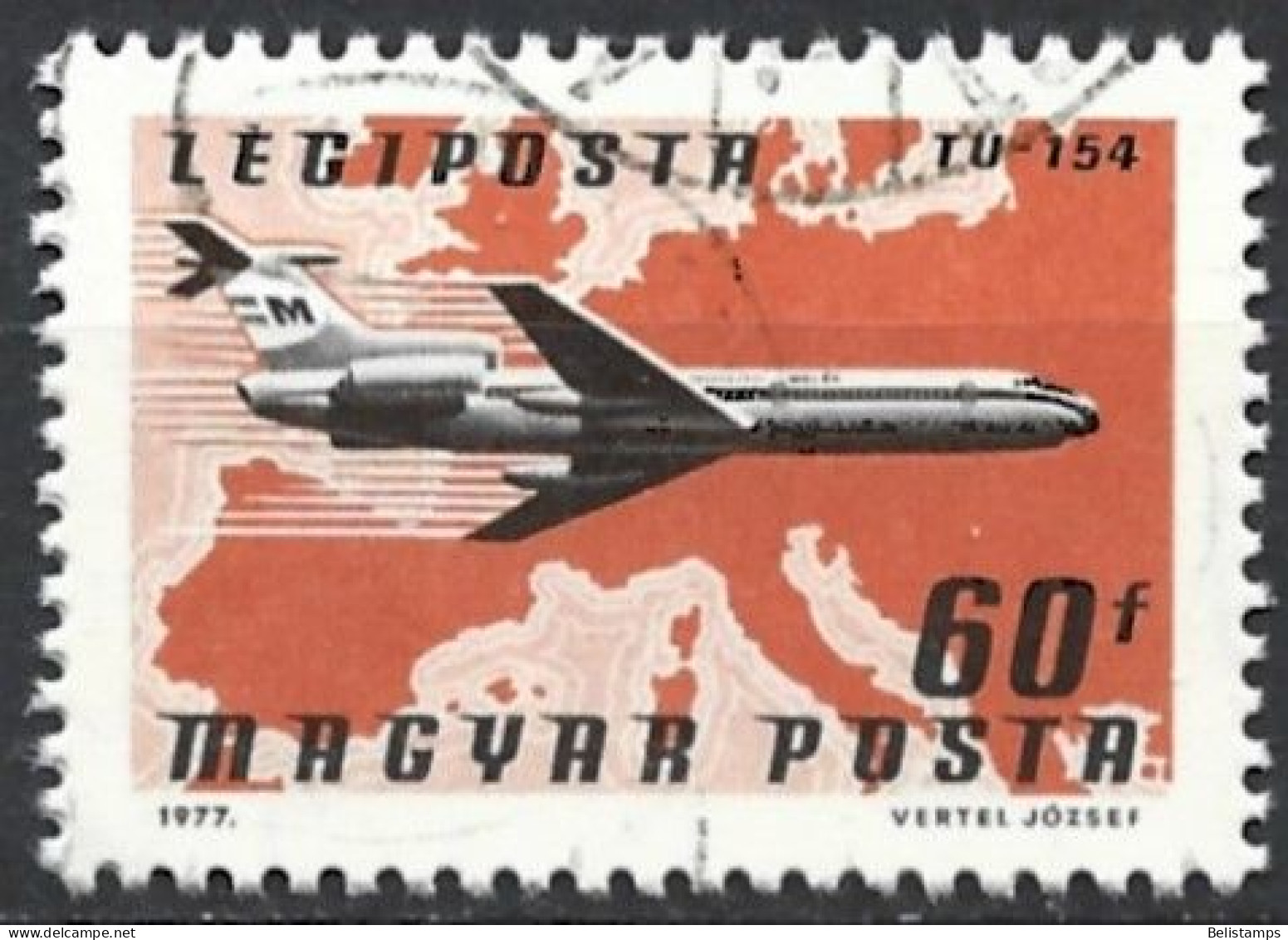 Hungary 1977. Scott #C377 (U) Plane Airline, Maps, TU-154 AMalev Over Europe - Used Stamps