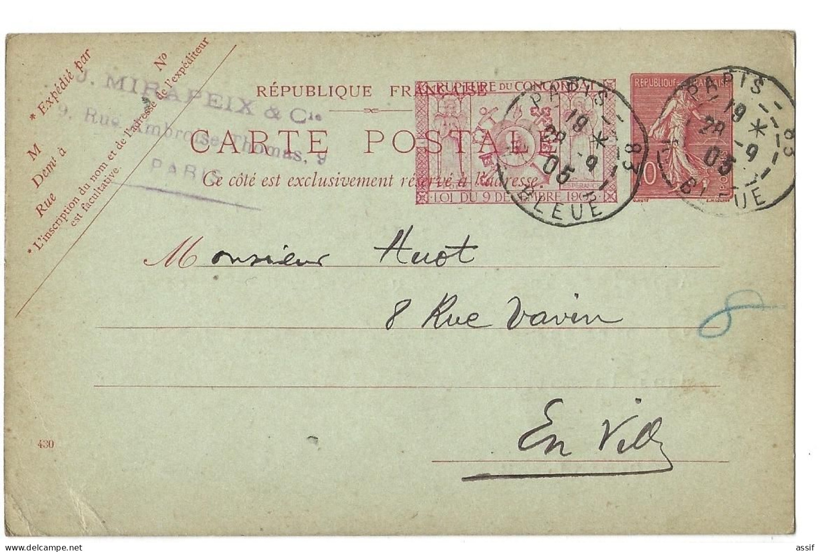 Entier Postal Semeuse Cachet 1905 + Impression " Rupture Du Concordat 1905 " Stationary - Other & Unclassified