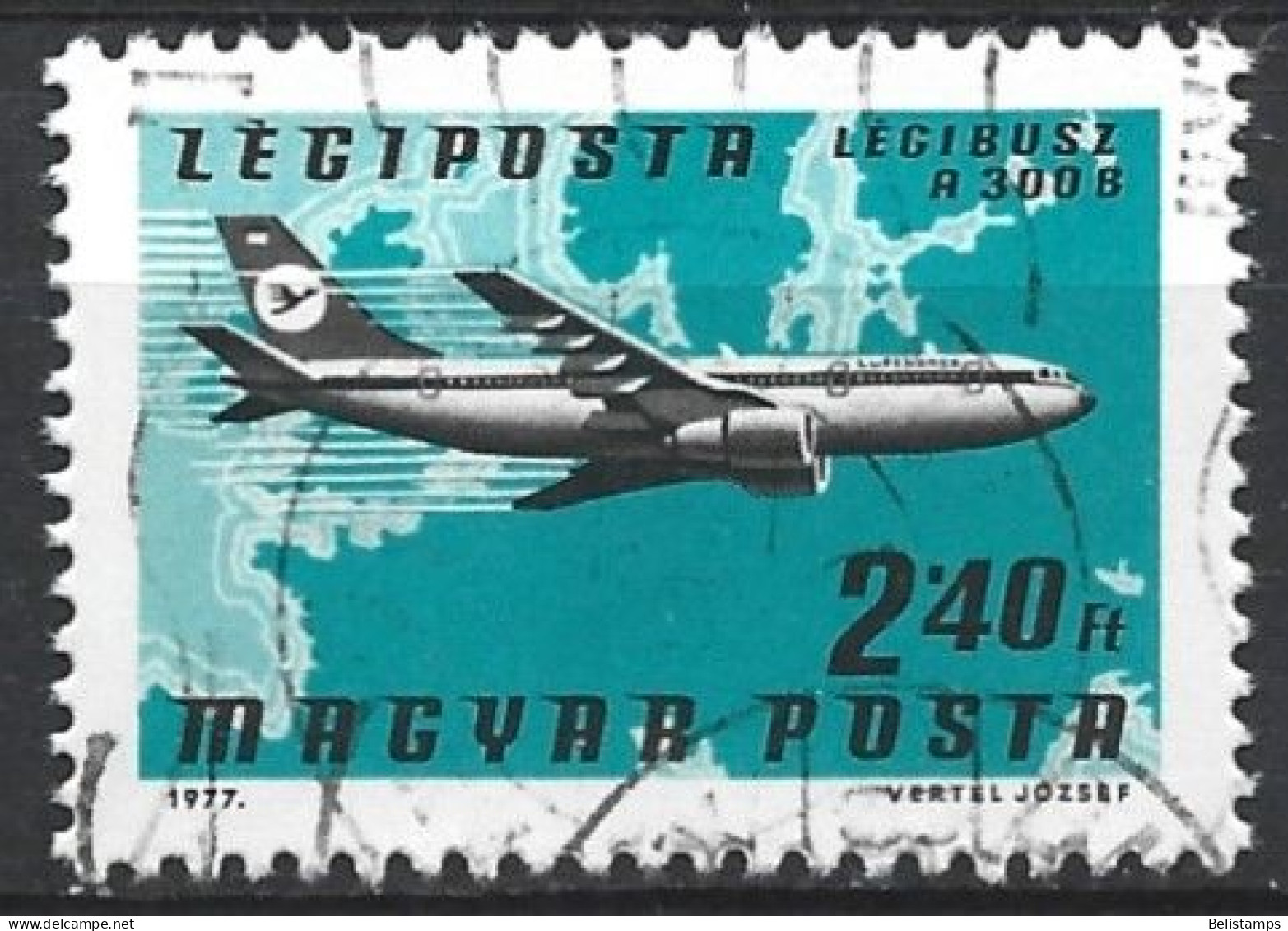 Hungary 1977. Scott #C380 (U) Plane Airline, Maps, A 300B Airbus, Lufthansa, Northwest Europe - Used Stamps