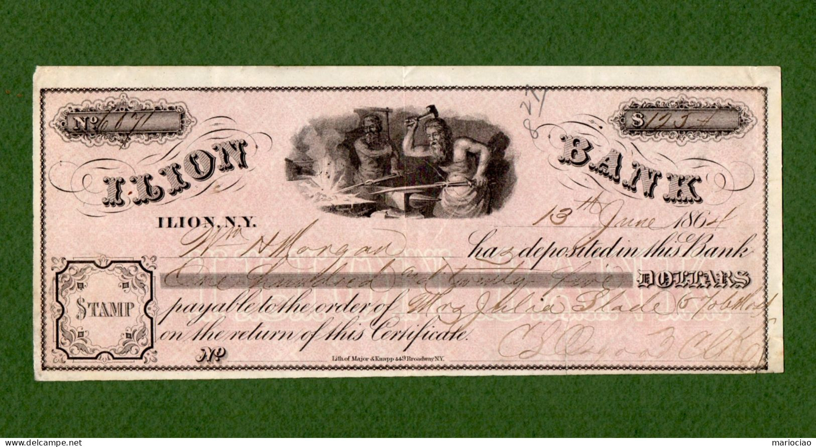 USA Certificate Of Deposit ILION BANK New York 1864 CIVIL WAR ERA - Valuta Della Confederazione (1861-1864)